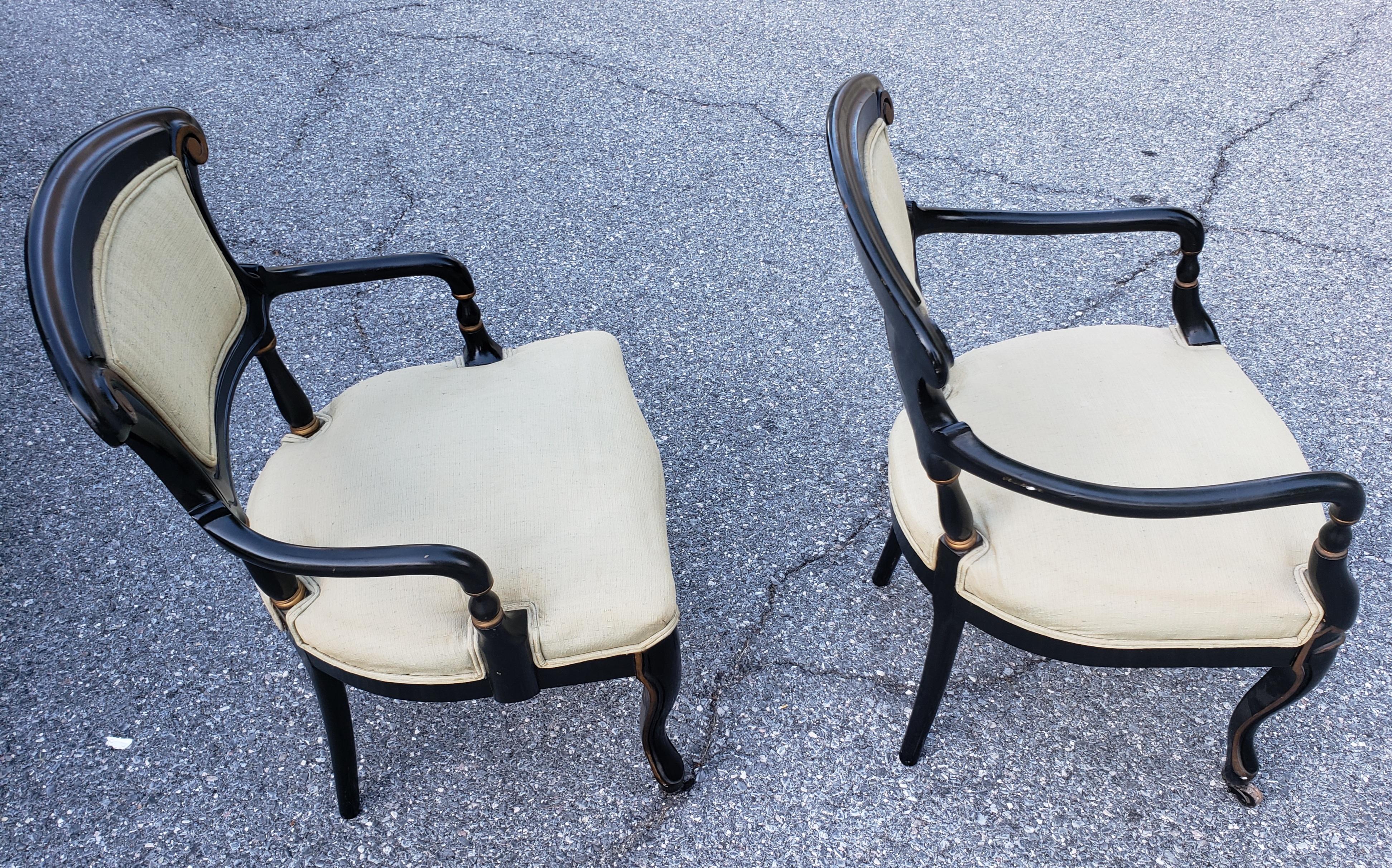 Swedish 19th C. Rococo Gustavian Ebonized and Partial Gilt Upholstered ArmChairs, Pair For Sale
