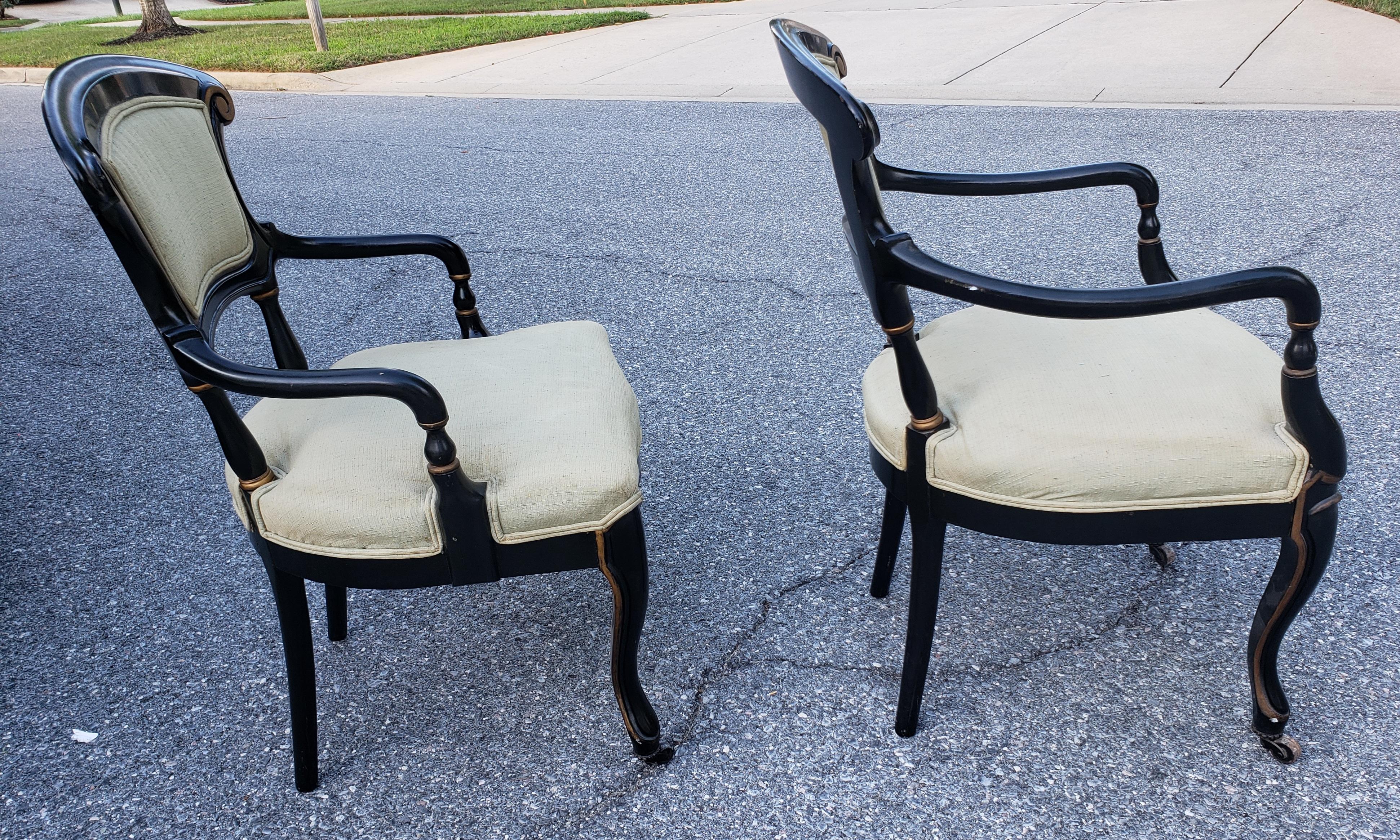 19th C. Rococo Gustavian Ebonized and Partial Gilt Upholstered ArmChairs, Pair In Good Condition For Sale In Germantown, MD