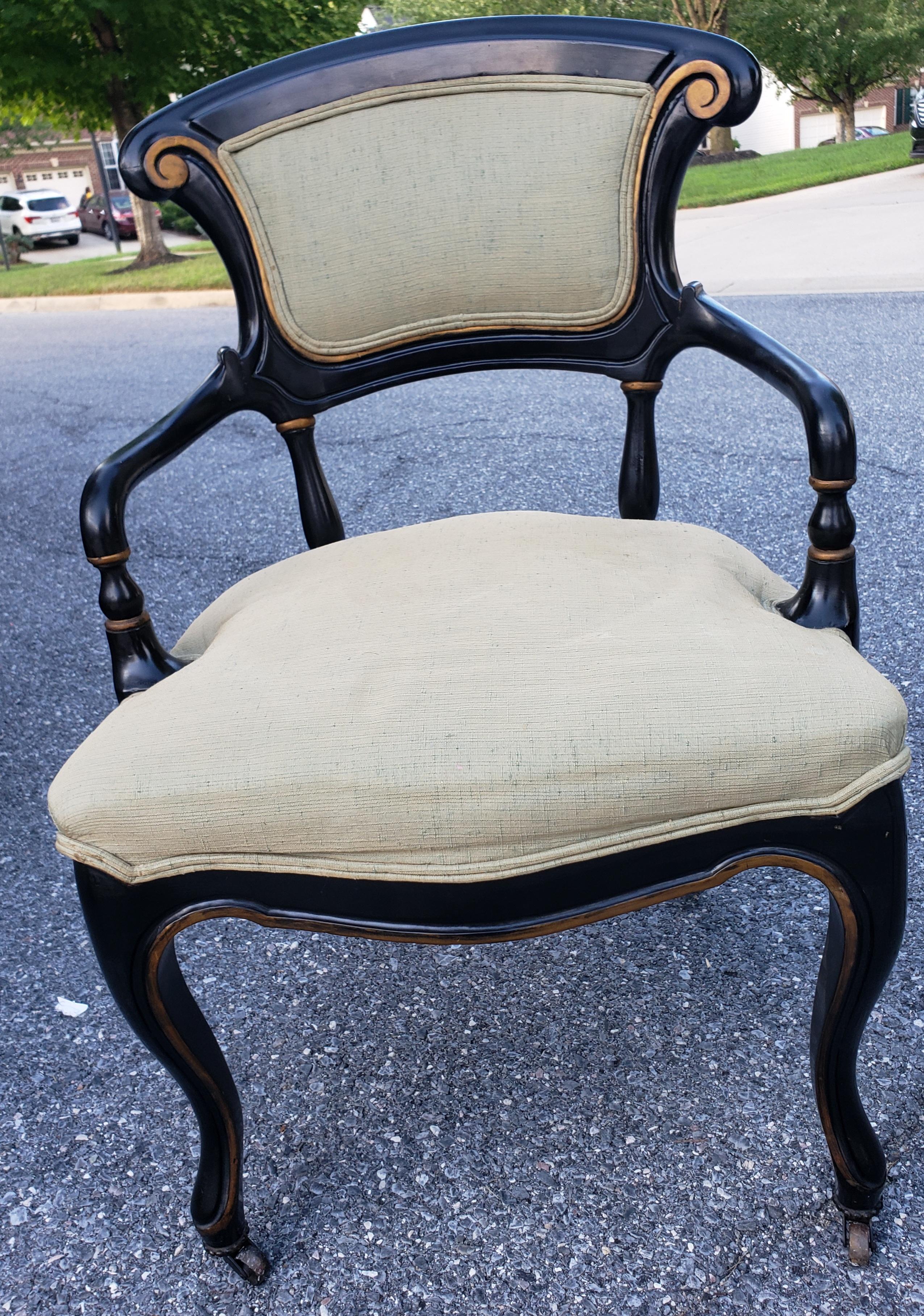 Upholstery 19th C. Rococo Gustavian Ebonized and Partial Gilt Upholstered ArmChairs, Pair For Sale