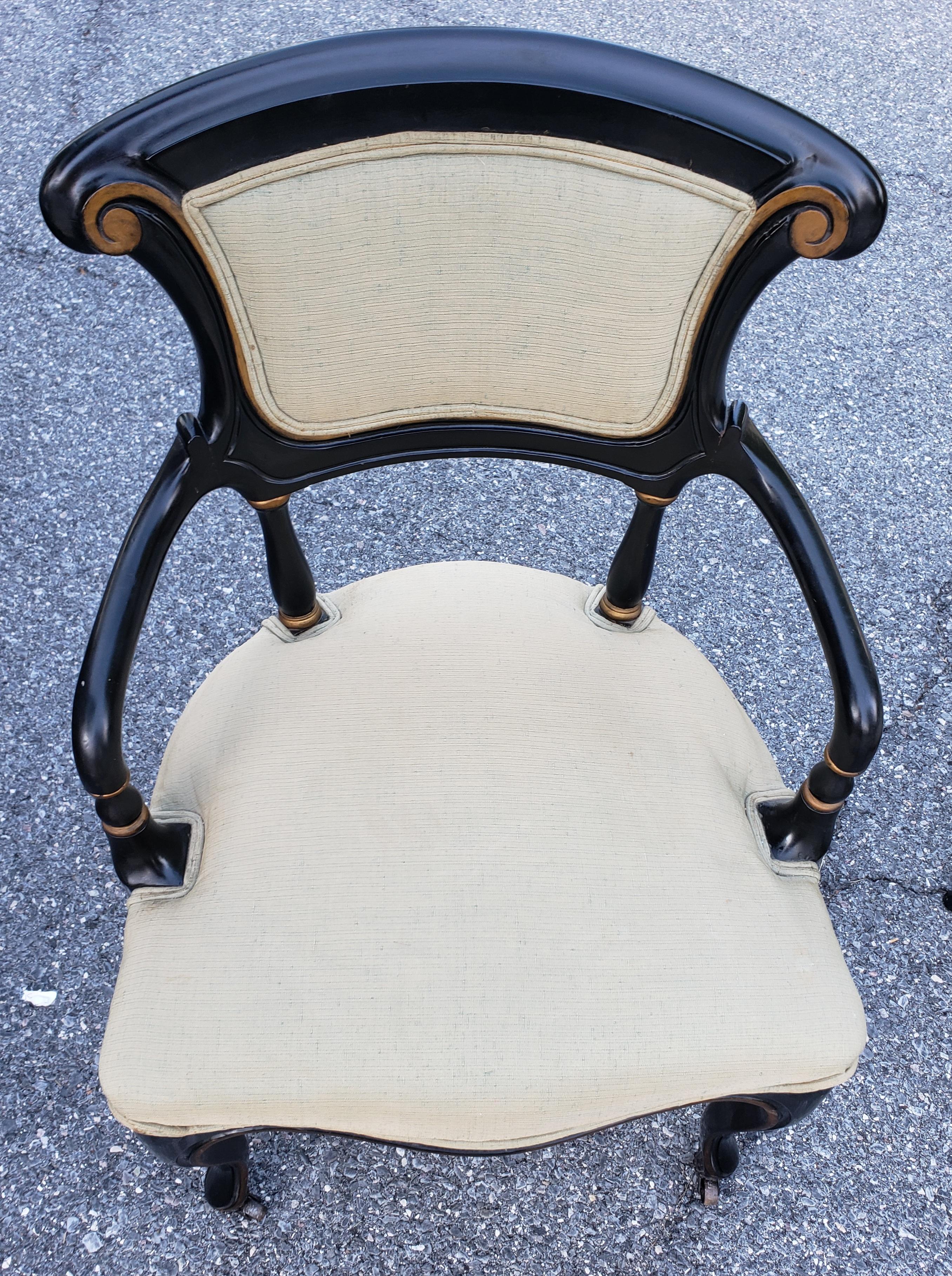 19th C. Rococo Gustavian Ebonized and Partial Gilt Upholstered ArmChairs, Pair For Sale 1