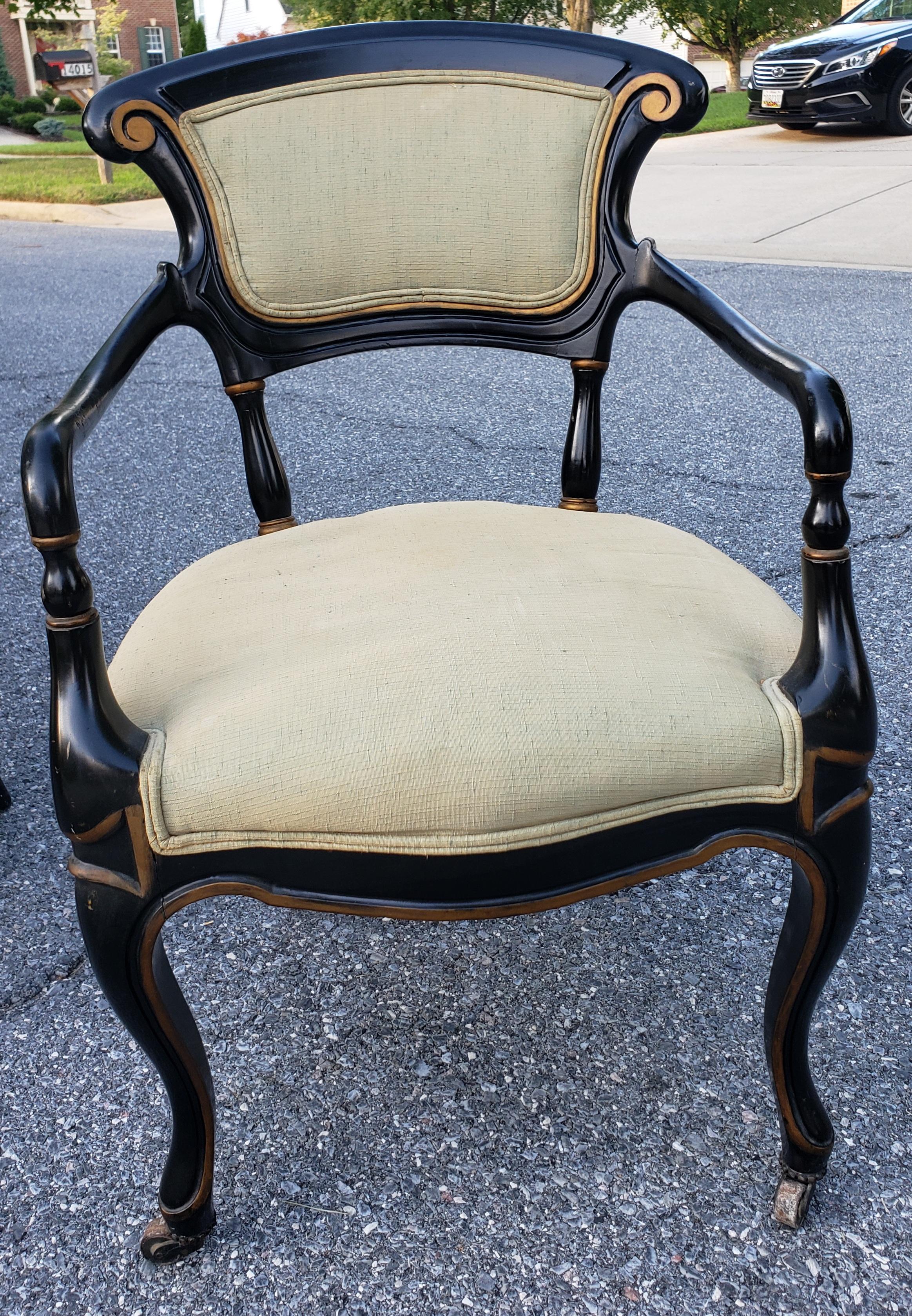 19th C. Rococo Gustavian Ebonized and Partial Gilt Upholstered ArmChairs, Pair For Sale 3