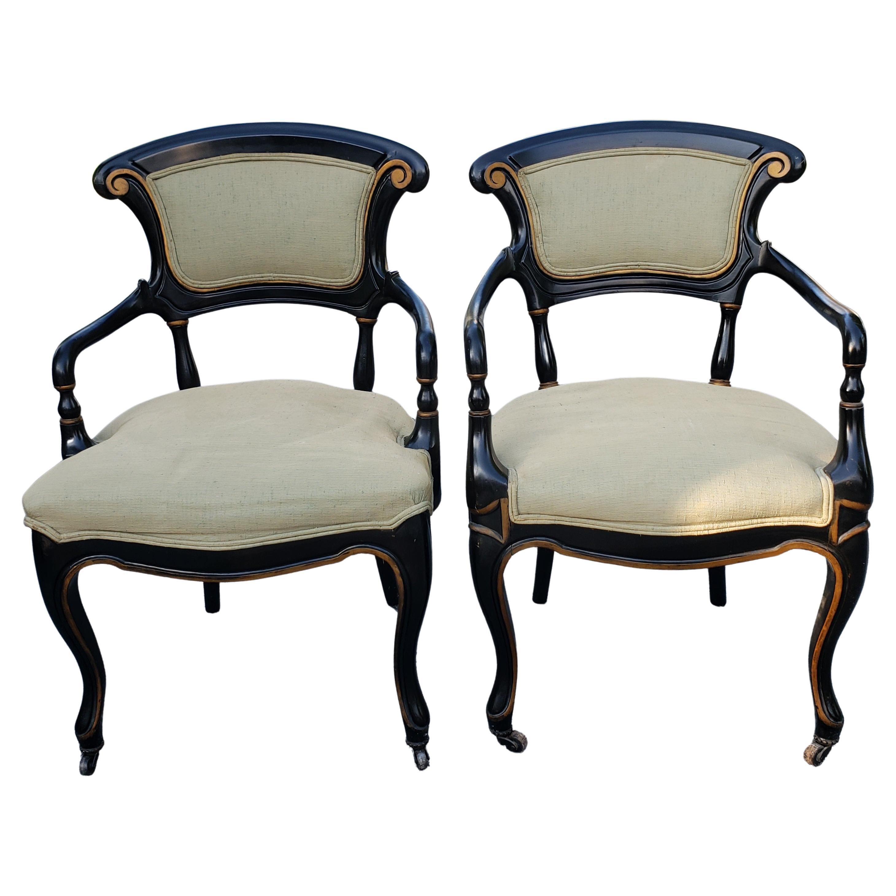 19th C. Rococo Gustavian Ebonized and Partial Gilt Upholstered ArmChairs, Pair For Sale
