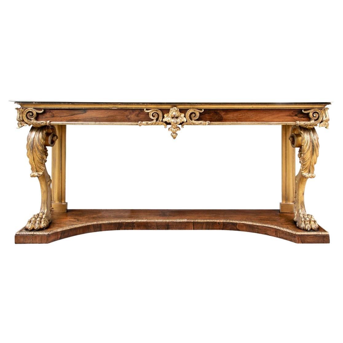 19th C. Rosewood Marble Top Carved and Gilt Pier Table