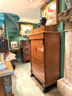 19th C. Royal Antique Burl Wood Secretary Desk & Black Leather Drop Leaf Top