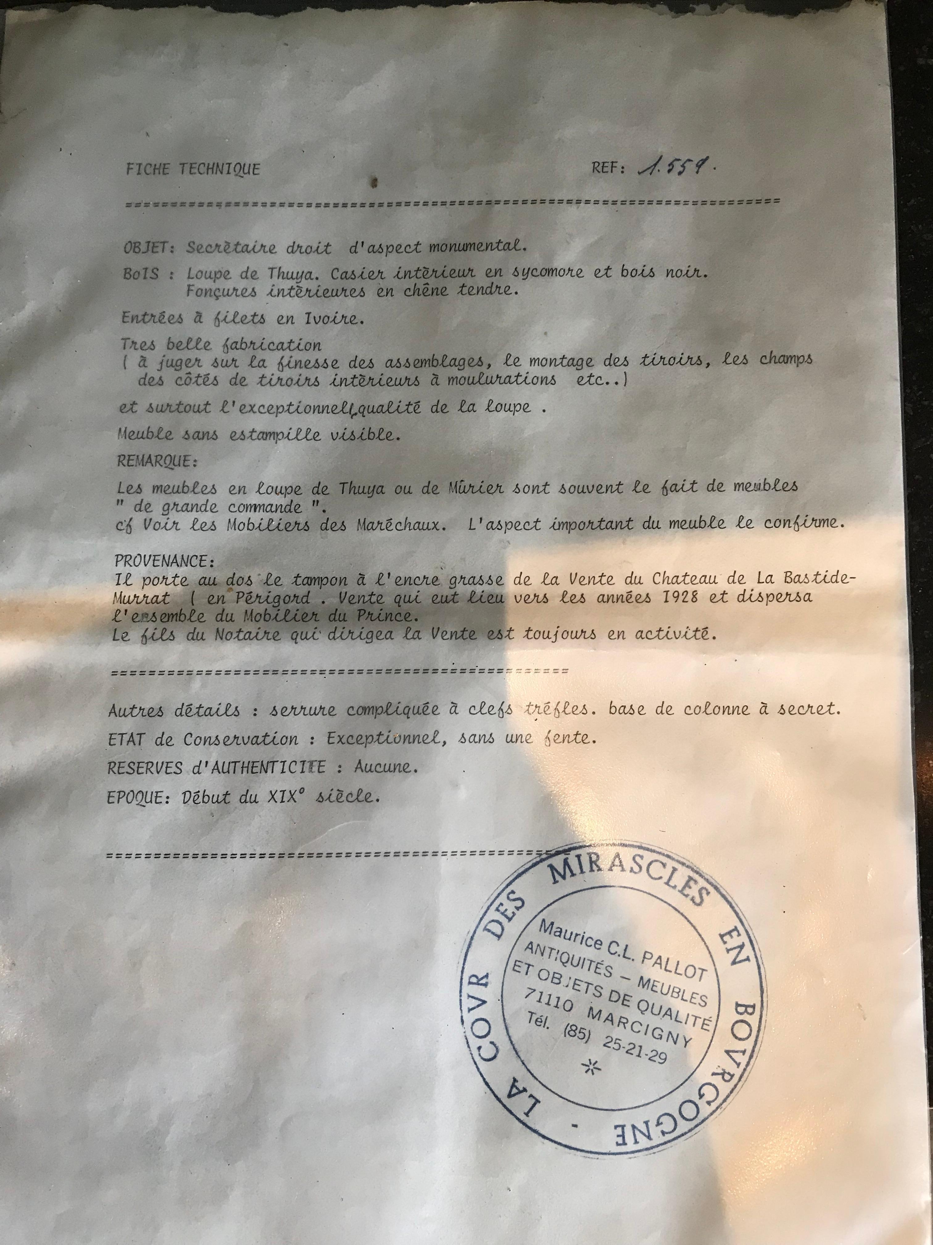 Siglo XIX Escritorio de secretaria de madera burl real antigua y tablero de hoja abatible de cuero negro Hrh en venta 12