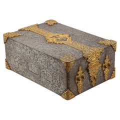 19th C. Royal Casket Box/Safe with Coat of Arms, Gold, Damascene, Etched Steel