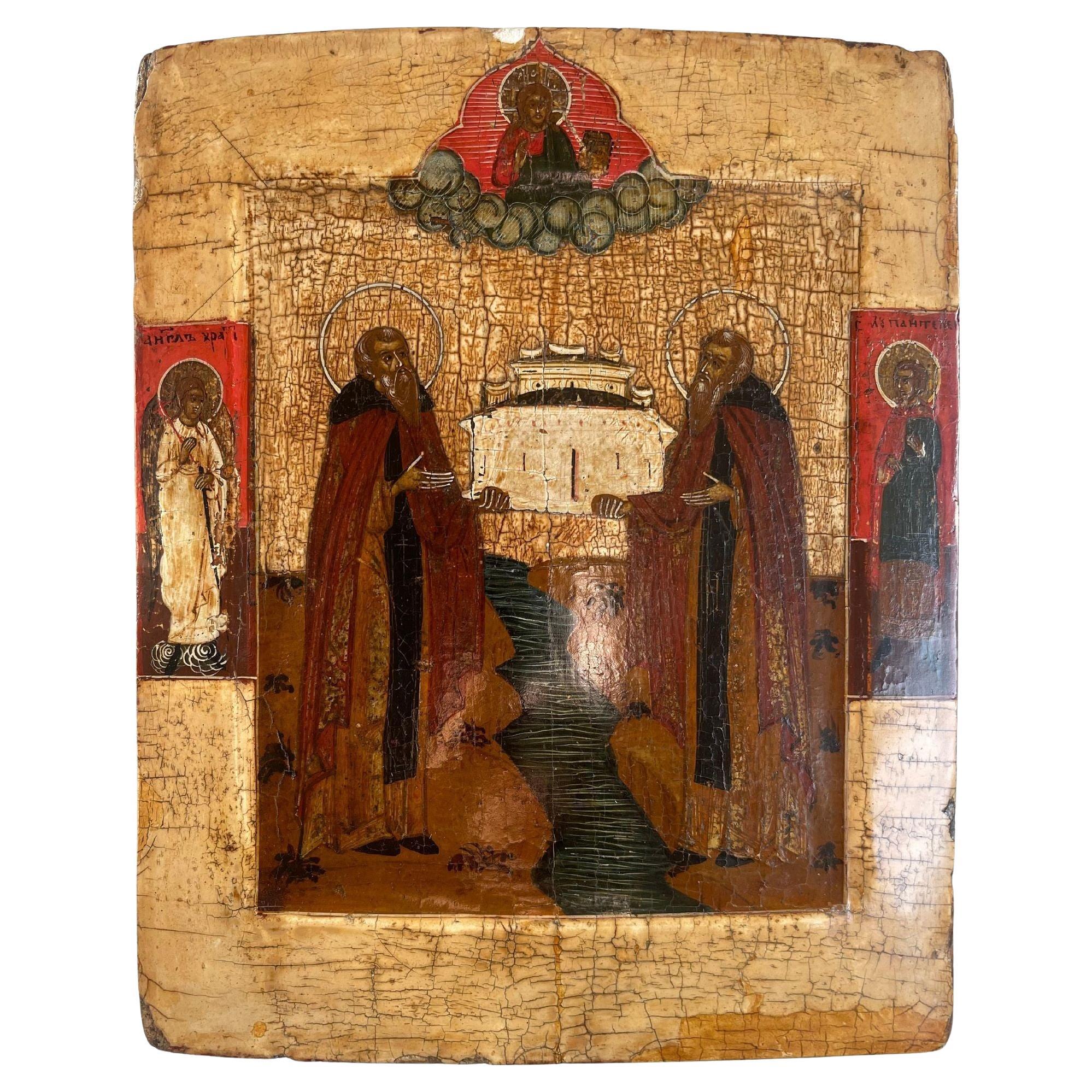 Russische Ikone aus dem 19. Jahrhundert mit der Darstellung der Heiligen Zossima und Savaati von Solowezk