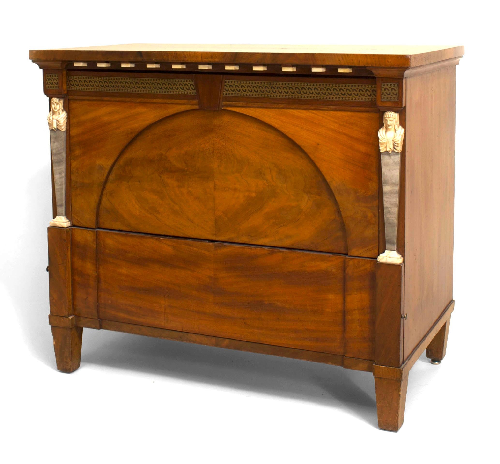Nineteenth century Russian mahogany two drawer commode featuring Neoclassical design elements. Its front, in particular, resembles an architectural facade, with its frieze-like bone and brass- trimmed apron and arcaded inset center flanked by