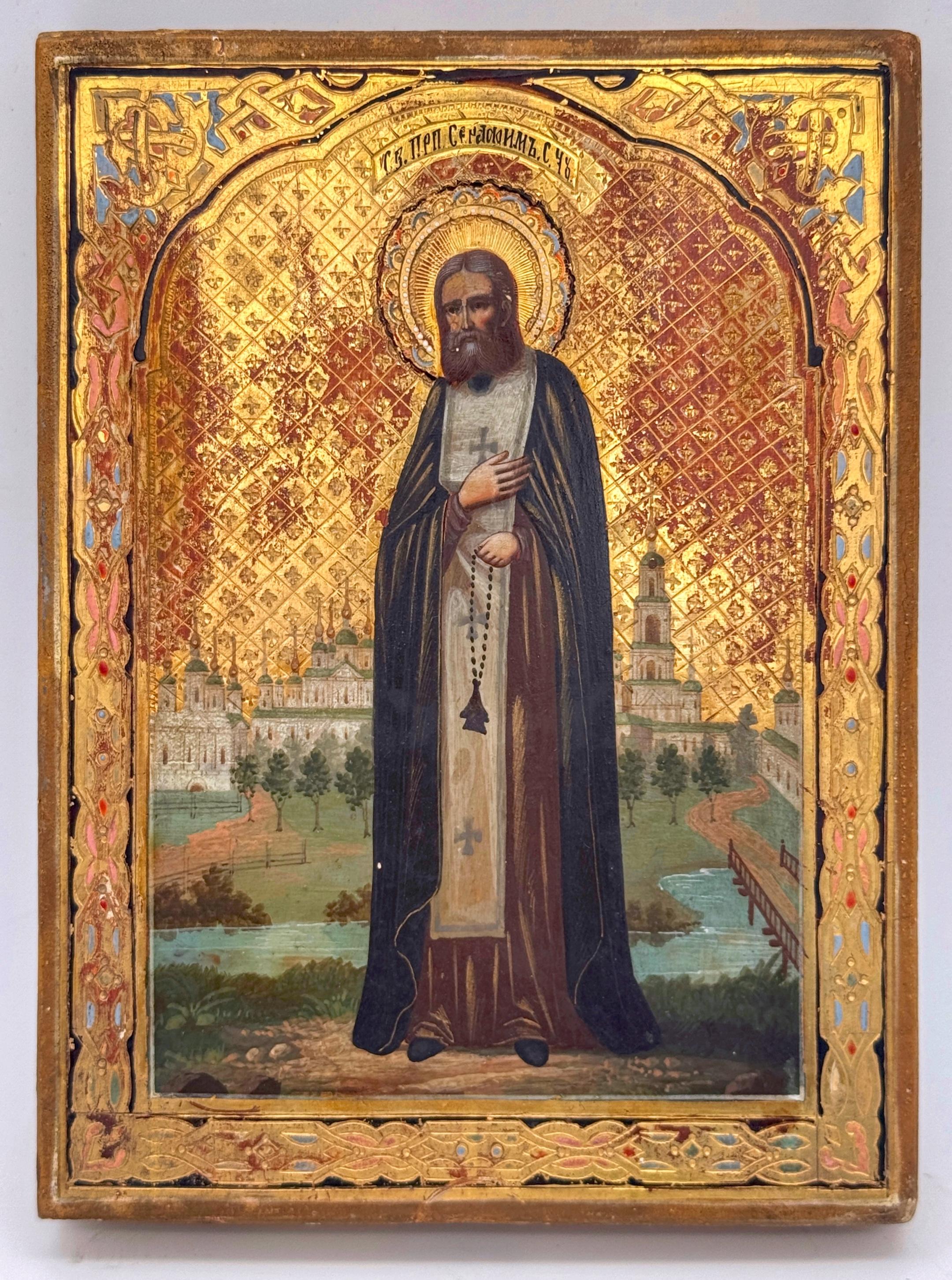 Enameled 19th C Russian Orthodox Icon Saint Venerable Seraphim of Sarov, Wonderworker.