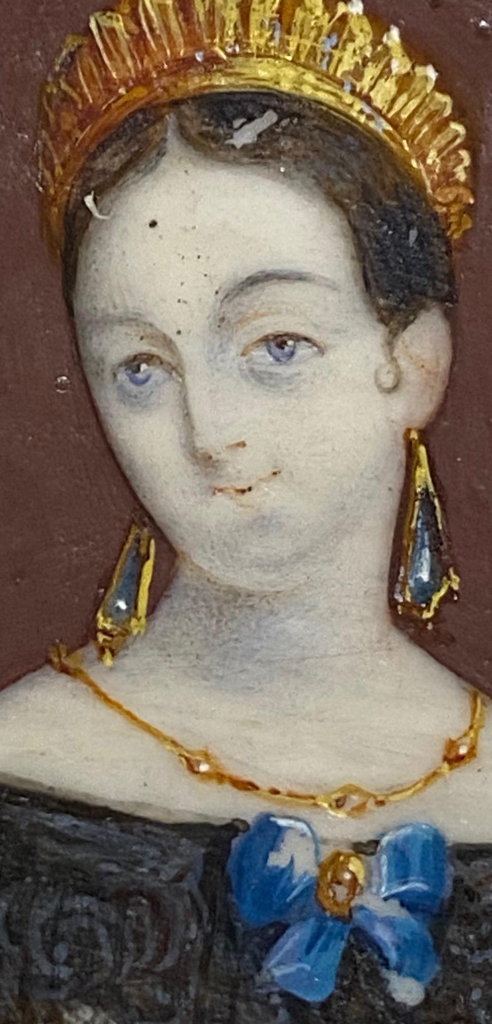 princesse russe du 19ème siècle avec diadème et bijoux élaborés portrait miniature

Cette jeune femme porte des bijoux élaborés et une tiare en or.

La miniature mesure 1,5