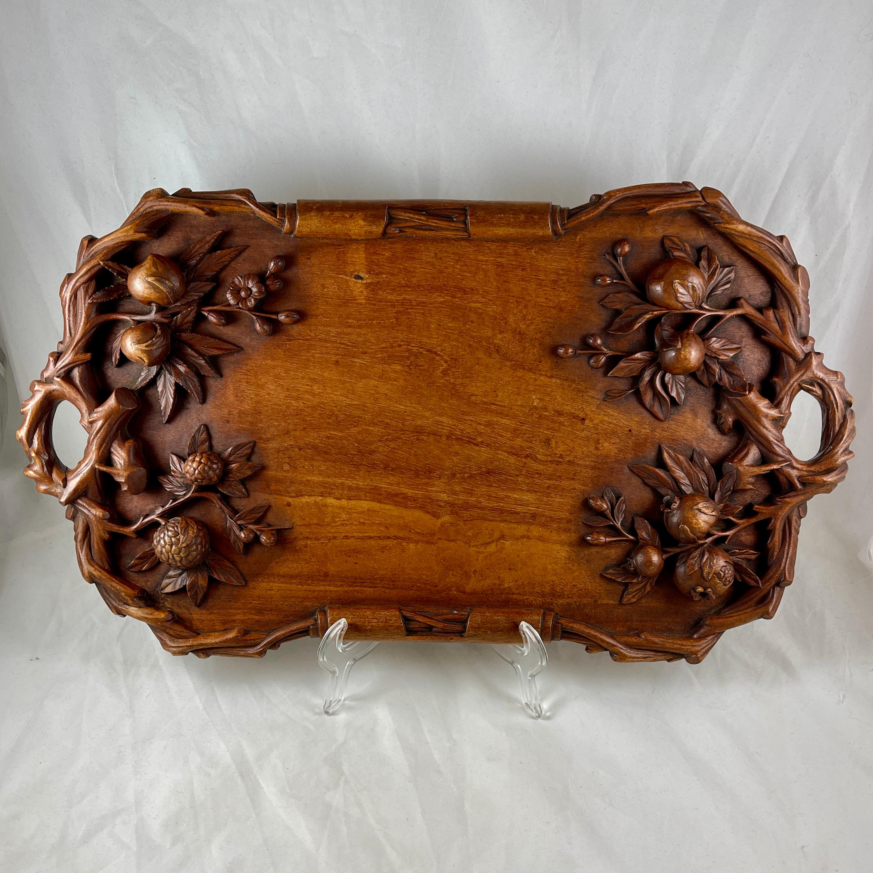 19th C Rustic Black Forest Hand Carved Walnut Branching Fruit Serving Tray For Sale 4