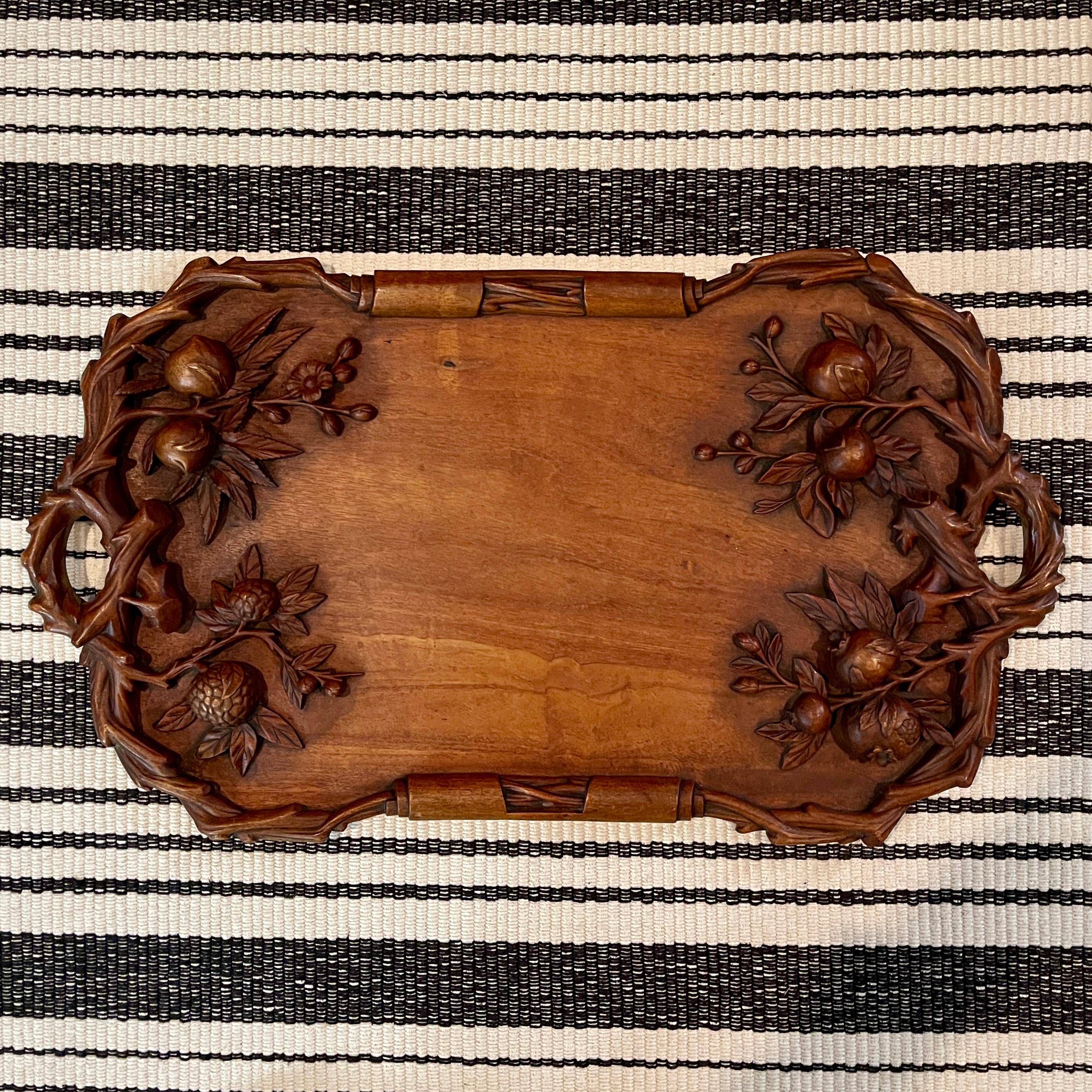 19th C Rustic Black Forest Hand Carved Walnut Branching Fruit Serving Tray For Sale 14