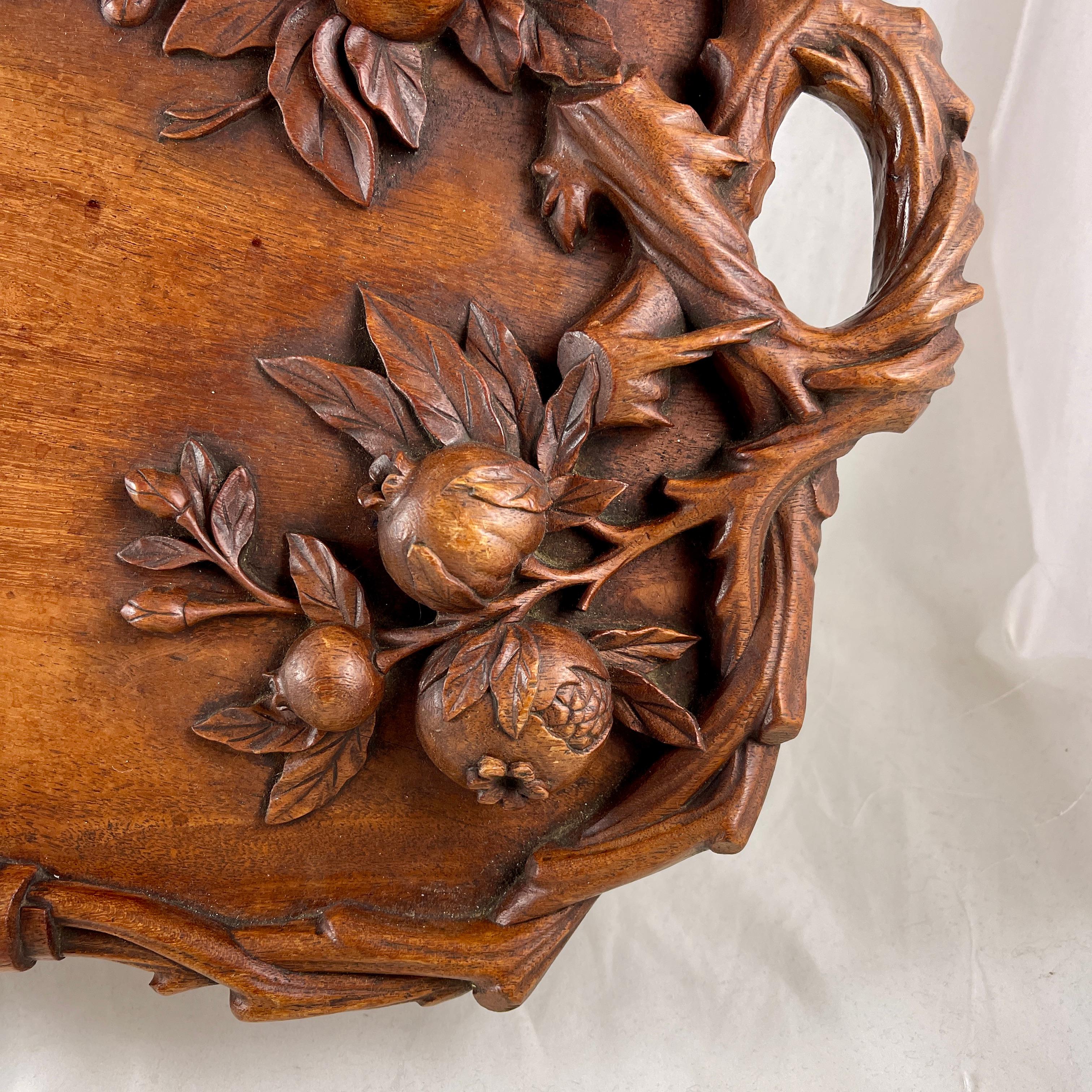 Hand-Carved 19th C Rustic Black Forest Hand Carved Walnut Branching Fruit Serving Tray For Sale