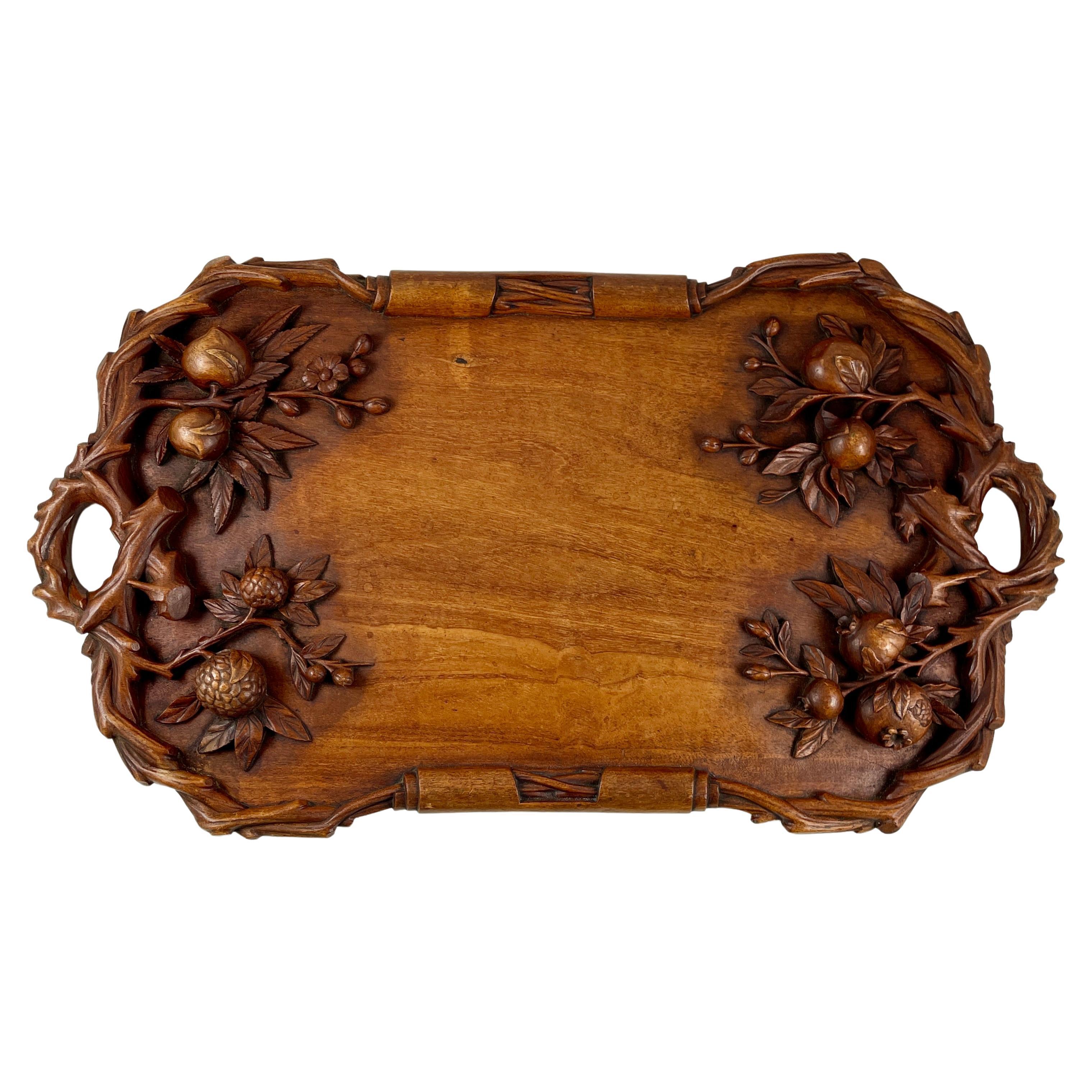 19th C Rustic Black Forest Hand Carved Walnut Branching Fruit Serving Tray For Sale