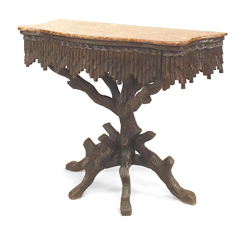 Rustic Black Forest (19th Century) walnut console table with faux twig carved base and slat design apron with marble top and drawer.
