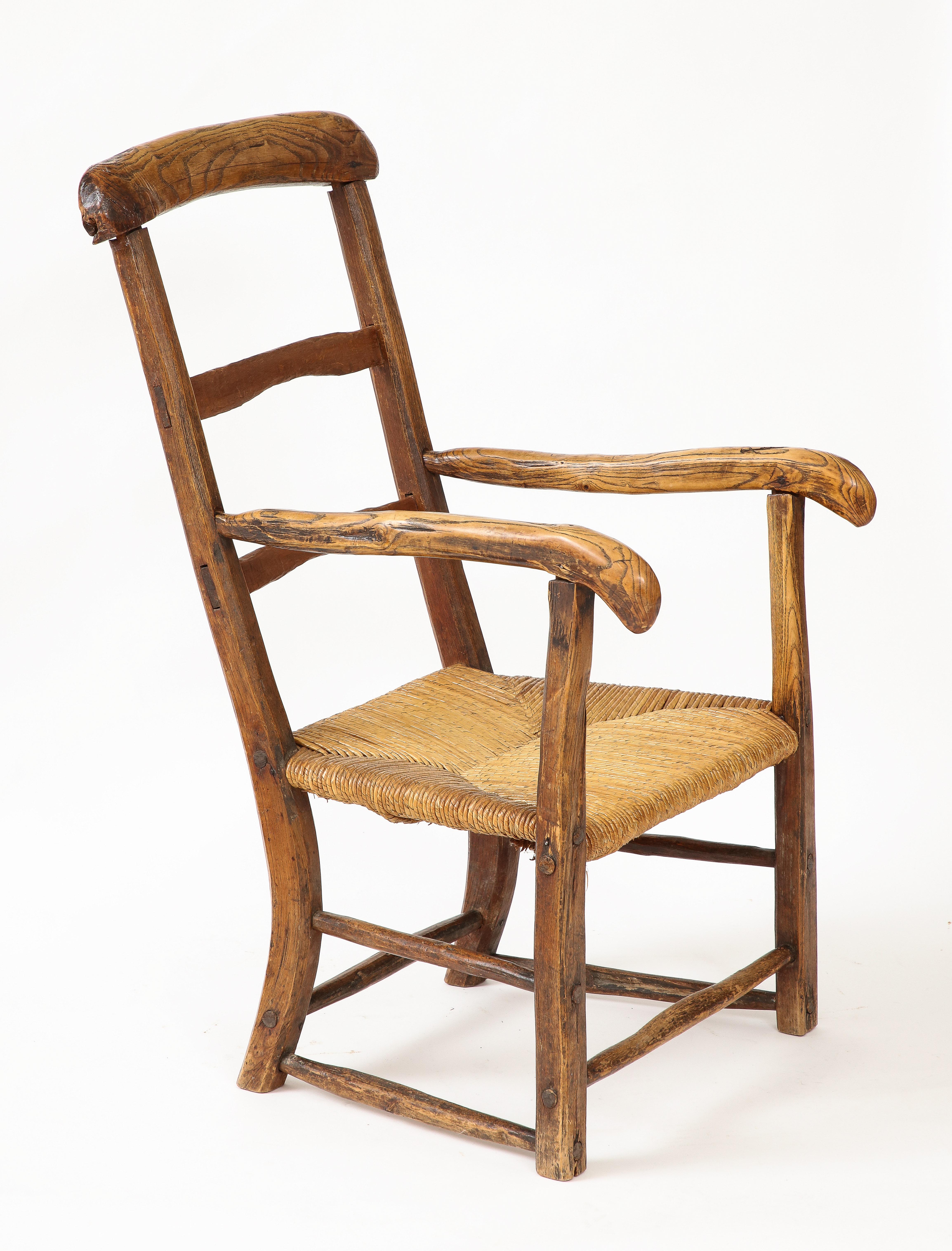 Hand-Crafted 19th Century Rustic French Chair with Straw Seat For Sale