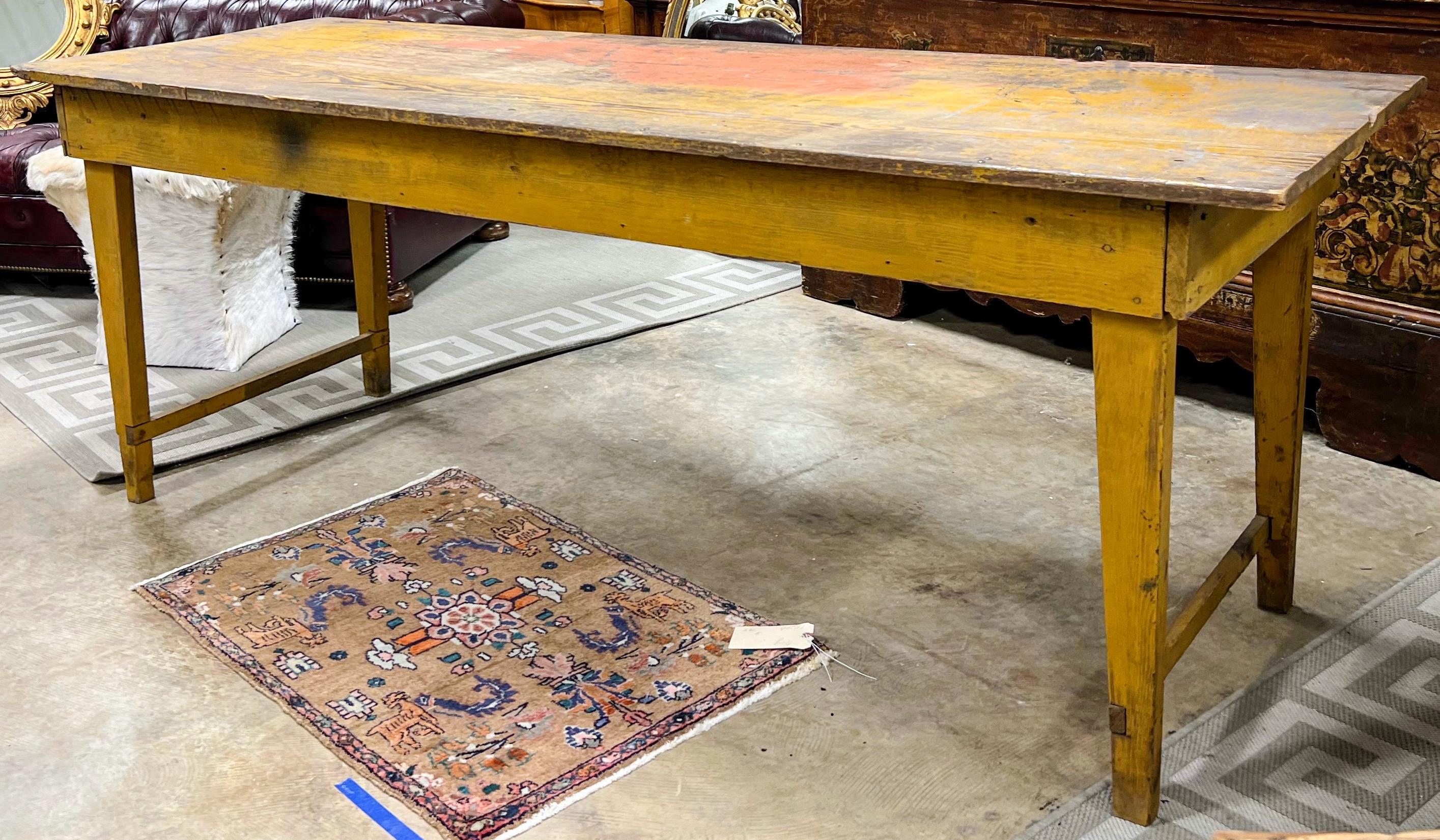 Primitive 19th-C. Rustic French Pine Farm / Dining/ Work Table with Original Mustard Paint