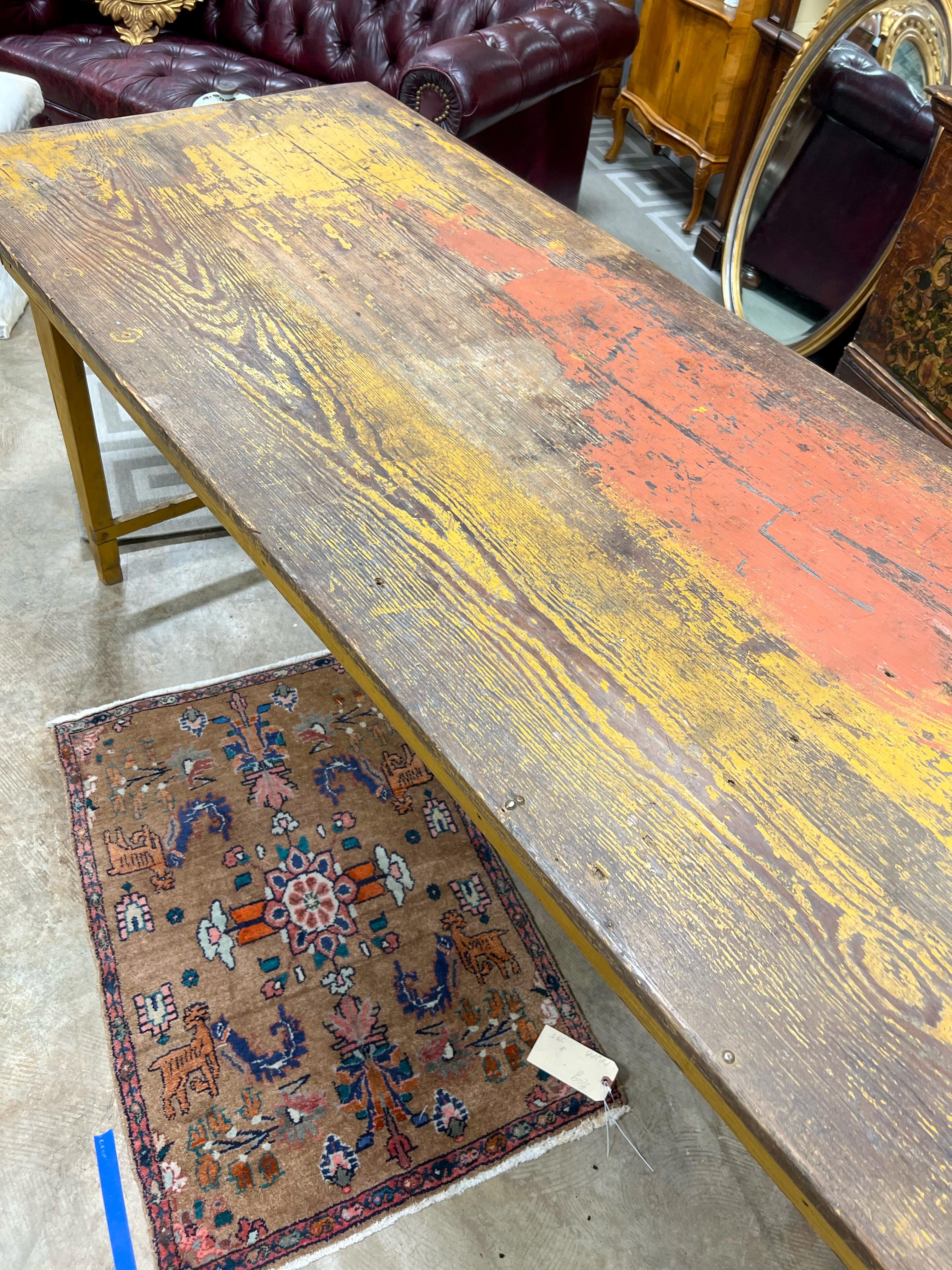 19th-C. Rustic French Pine Farm / Dining/ Work Table with Original Mustard Paint In Good Condition In Kennesaw, GA