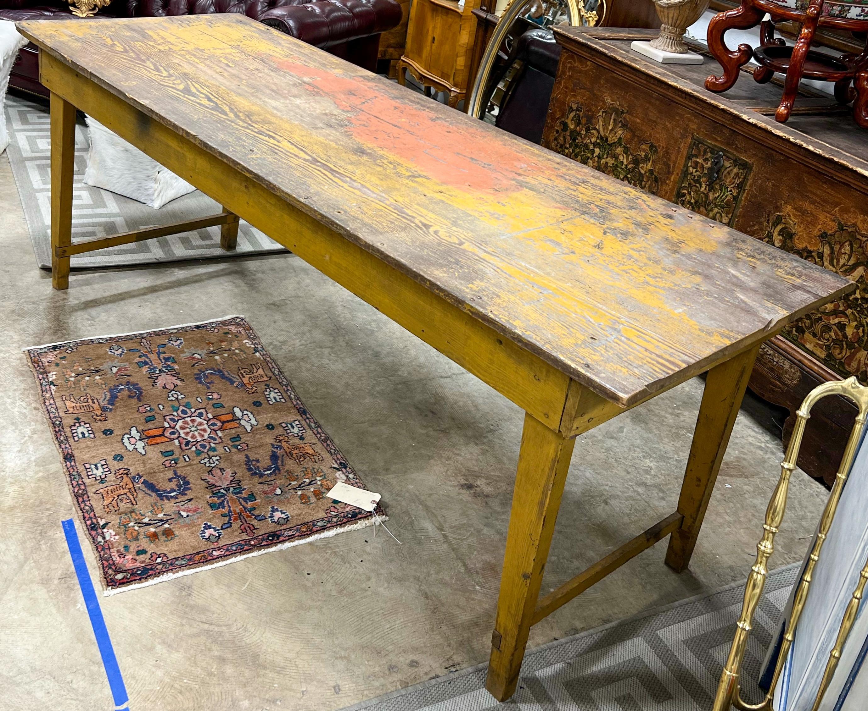 19th-C. Rustic French Pine Farm / Dining/ Work Table with Original Mustard Paint 2