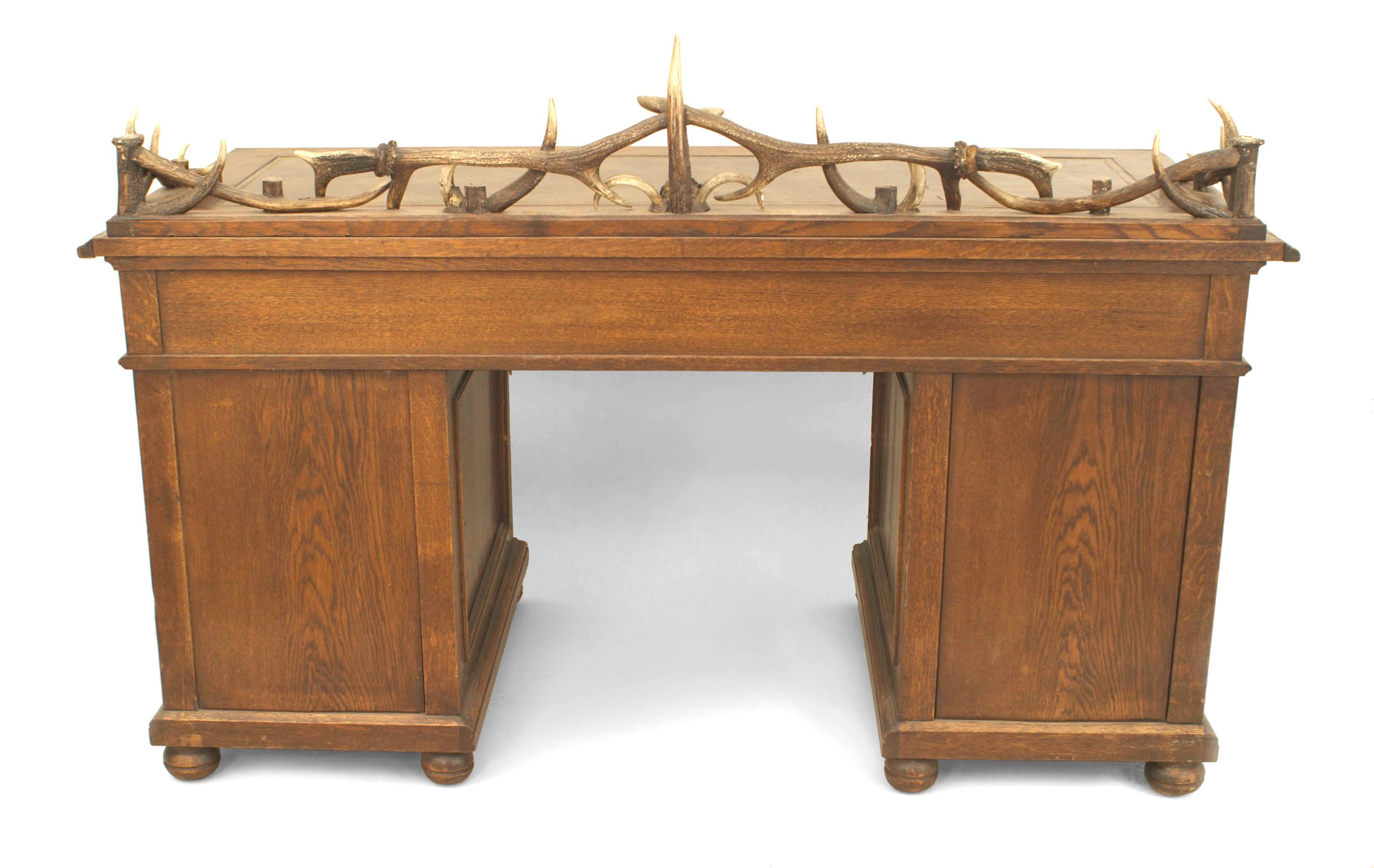 German Rustic Continental Antler and Oak Kneehole Desk For Sale