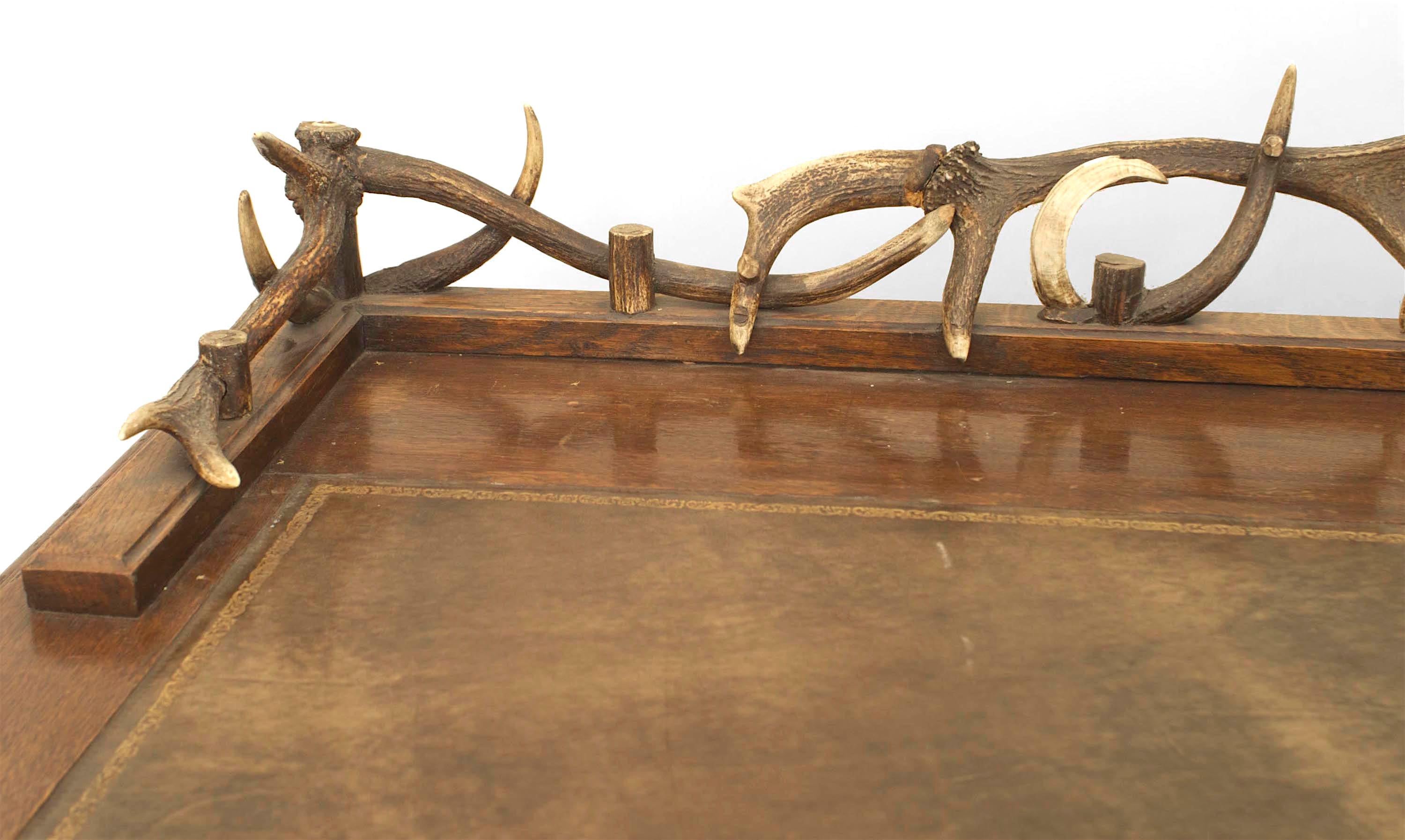 19th Century Rustic Continental Antler and Oak Kneehole Desk For Sale