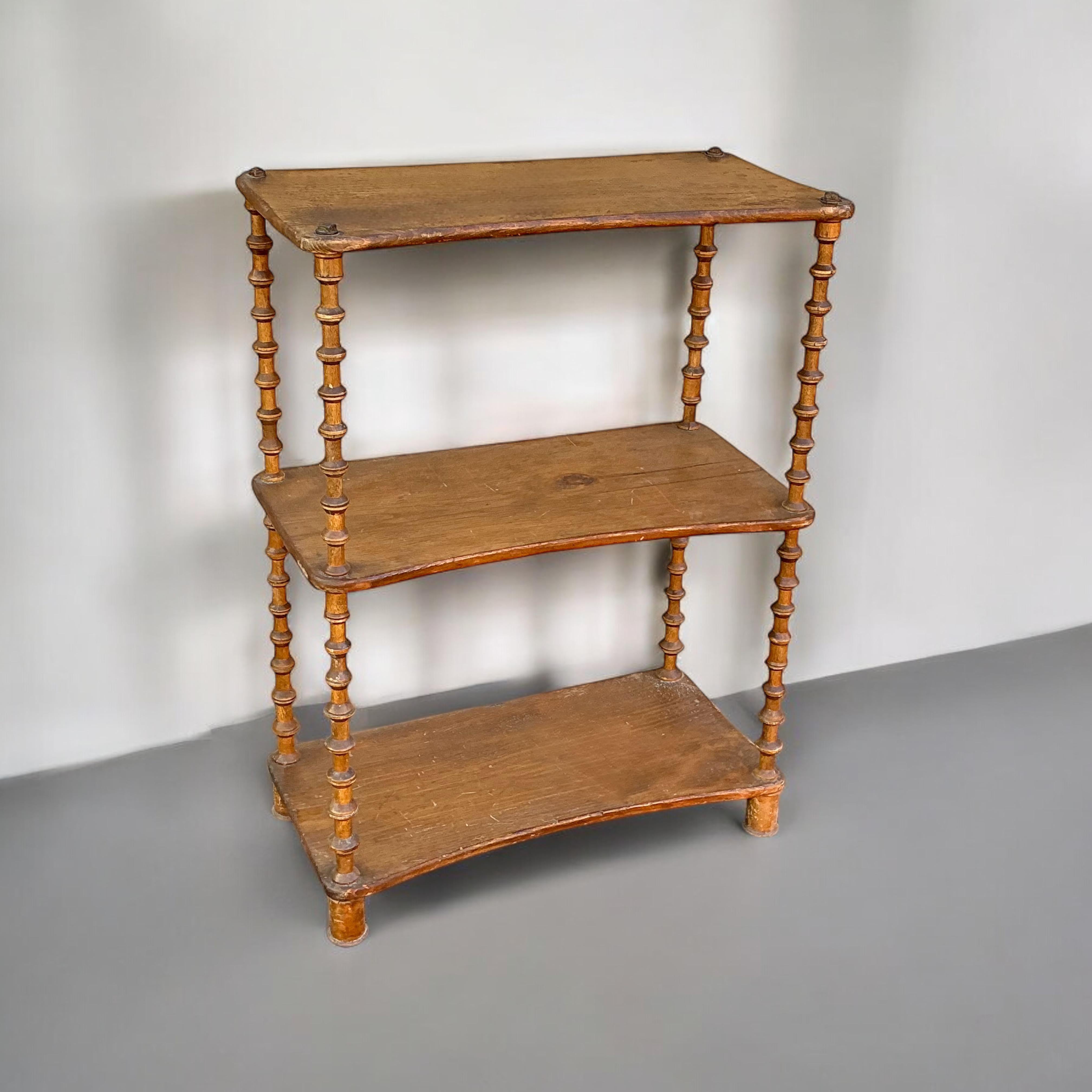 19th-C. Rustic Primitive French Carved Fruitwood Spool Shelf / Etagere In Good Condition In Kennesaw, GA