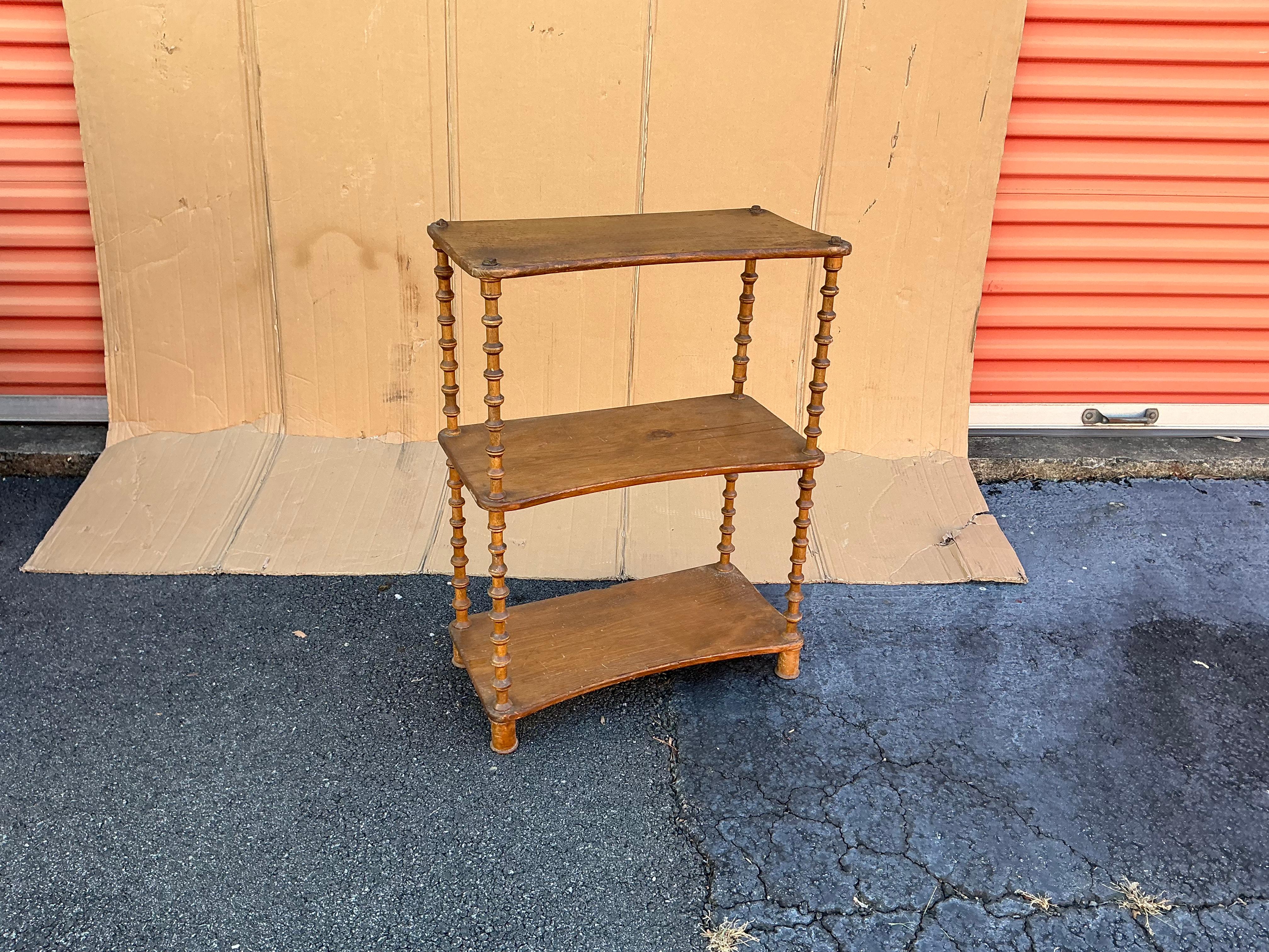 19th Century 19th-C. Rustic Primitive French Carved Fruitwood Spool Shelf / Etagere