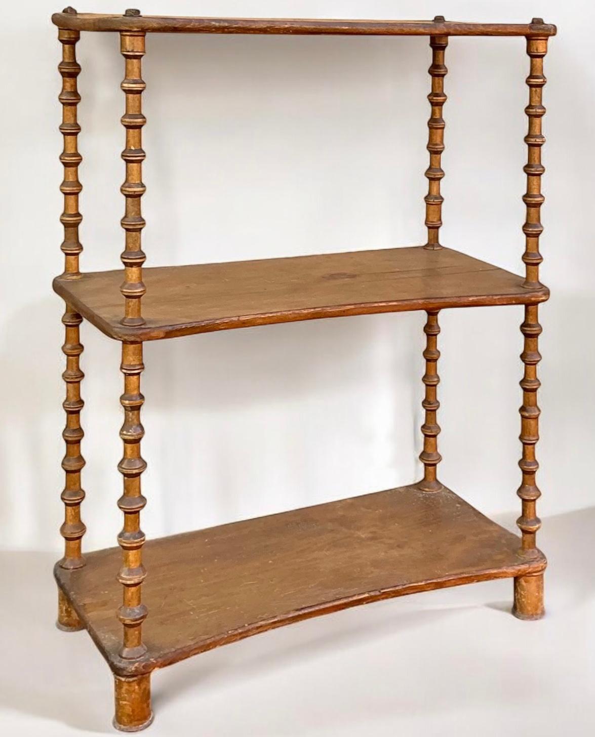 19th-C. Rustic Primitive French Carved Fruitwood Spool Shelf / Etagere 1
