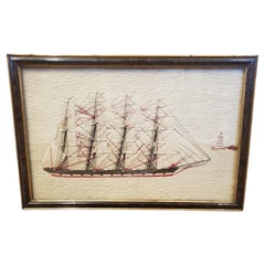 Antique 19th C. Sailor's Woolie Starboard-Side View of a 4 Masted  Ship Under Full Sail