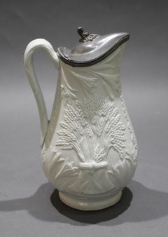 19th c. Salt Glaze Stoneware Pitcher with Pewter Lid
