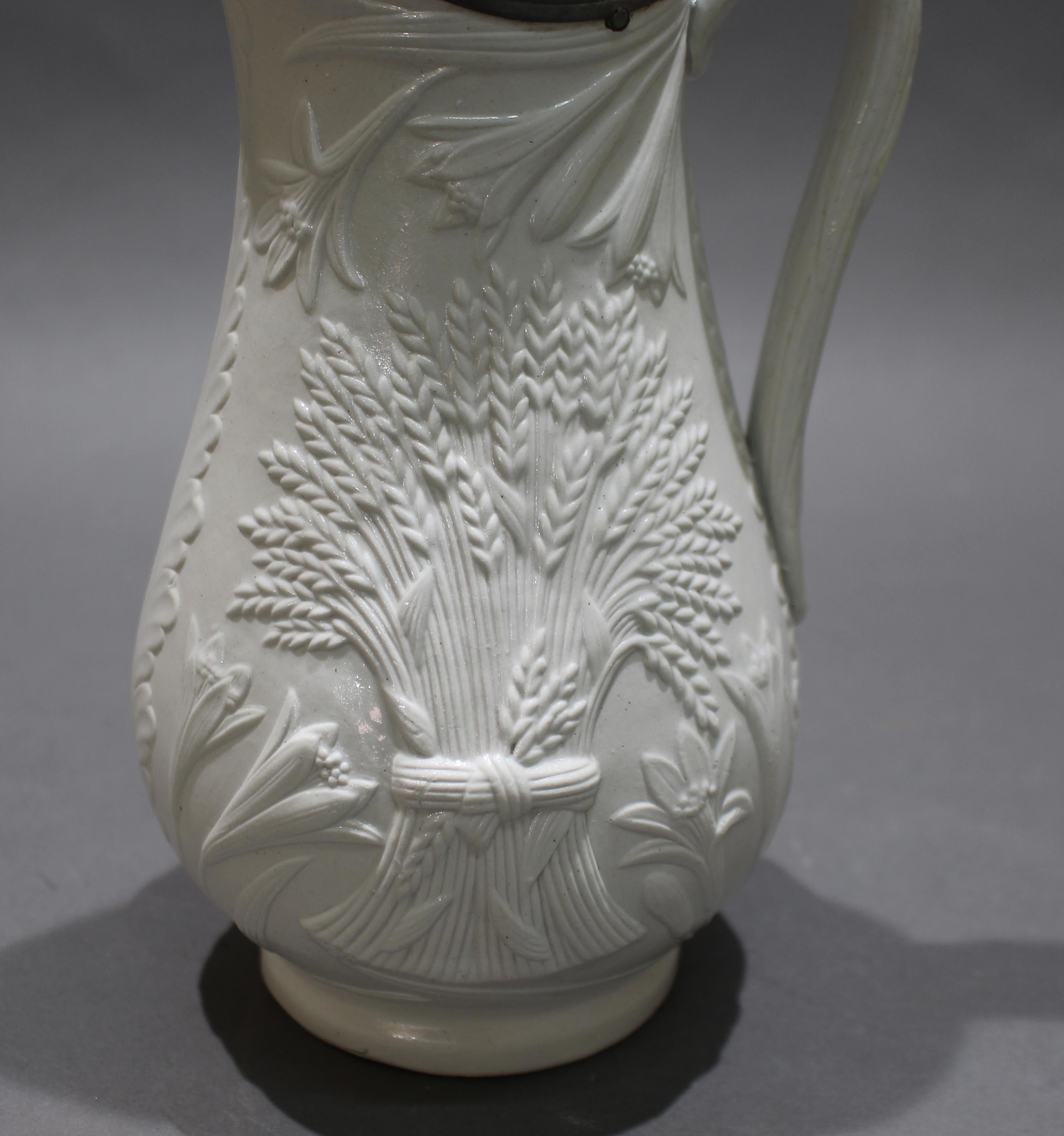 British 19th c. Salt Glaze Stoneware Pitcher with Pewter Lid