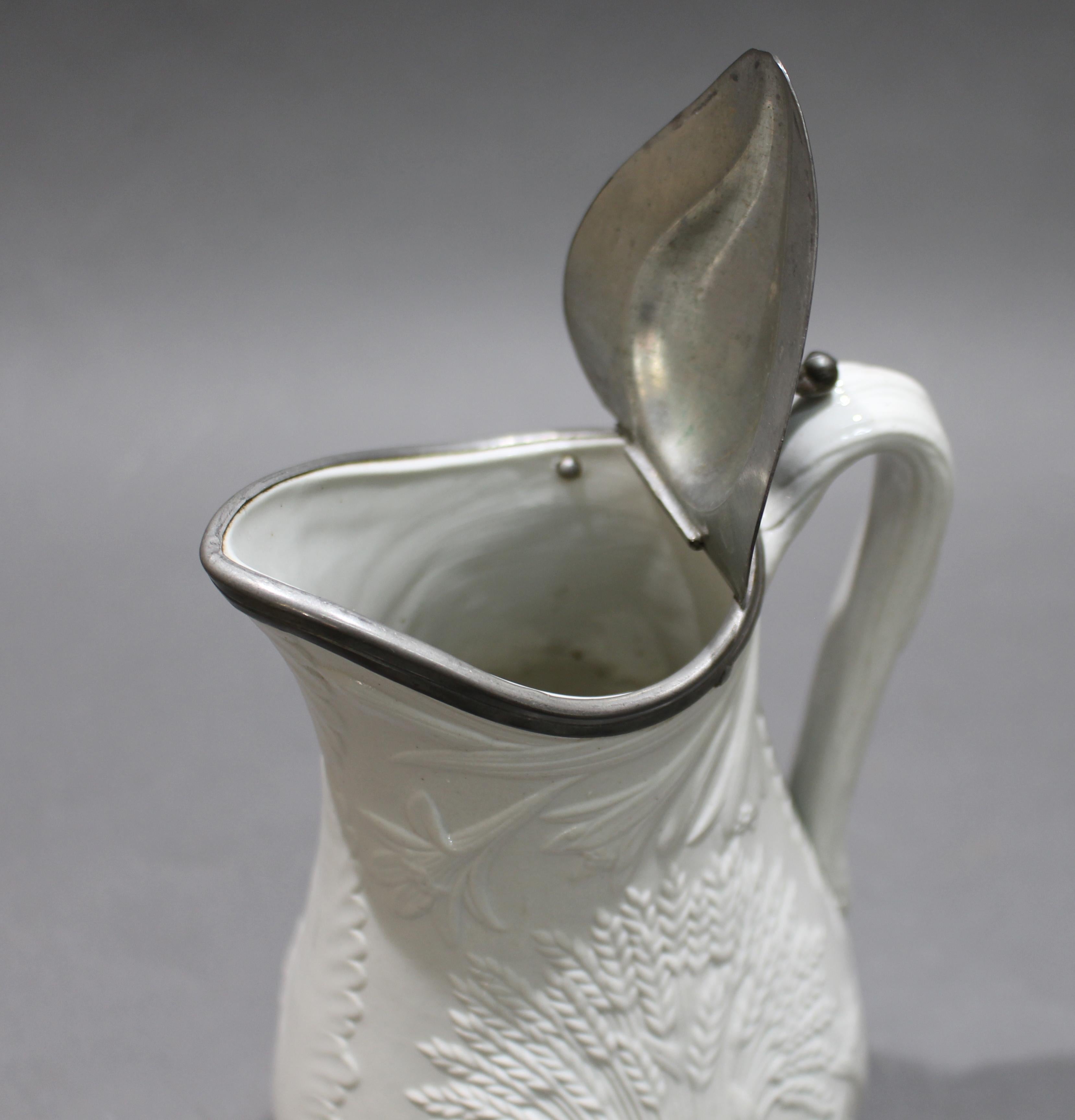Glazed 19th c. Salt Glaze Stoneware Pitcher with Pewter Lid