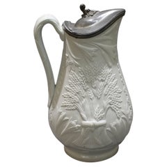 19th c. Salt Glaze Stoneware Pitcher with Pewter Lid