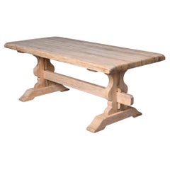 19th C Sanded Bare Oak French Country Farm Trestle Table  