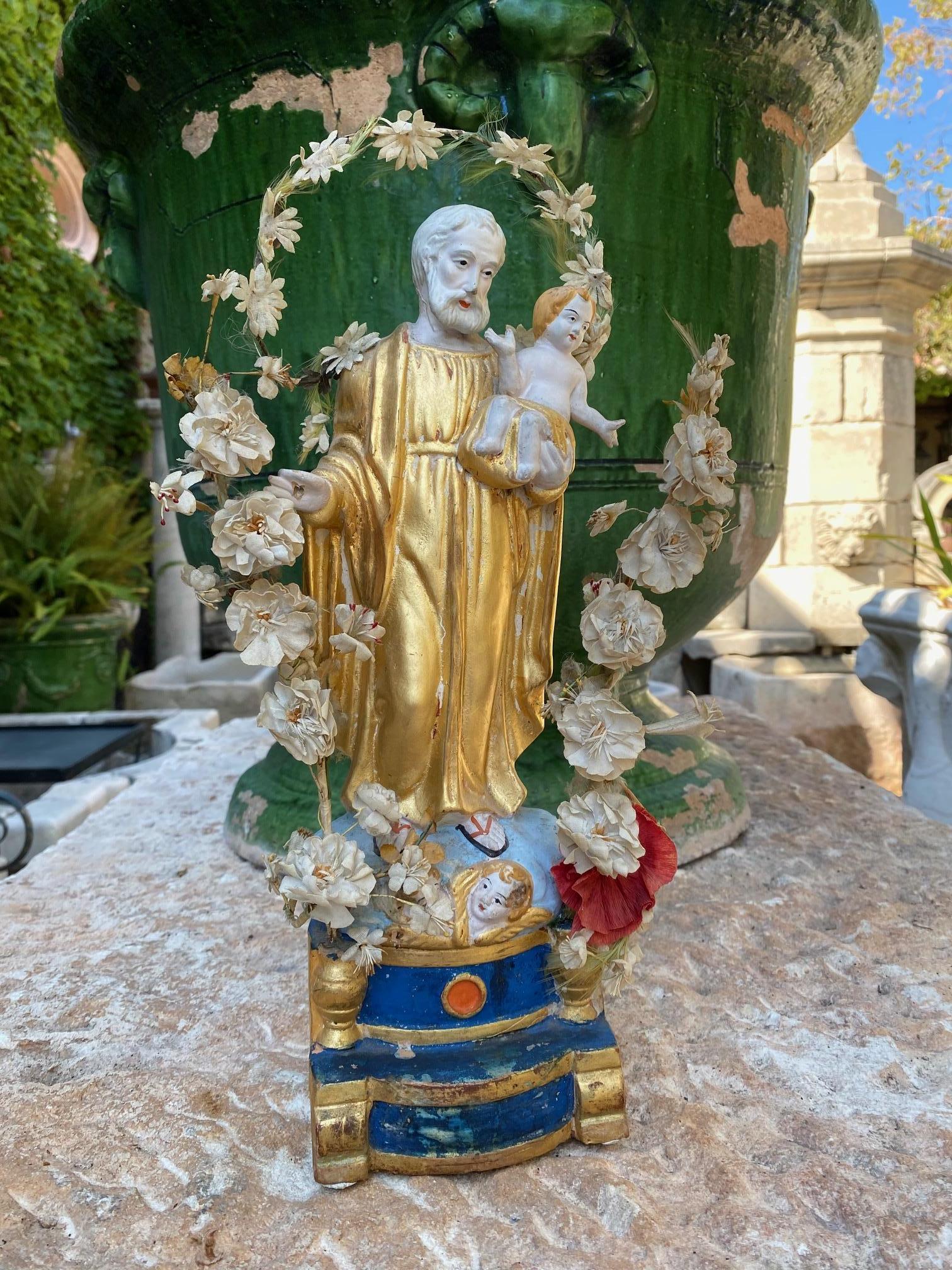 Français Statue de Saint Joseph et enfant antiques Santos faite à la main, Los Angeles, CA, LA en vente