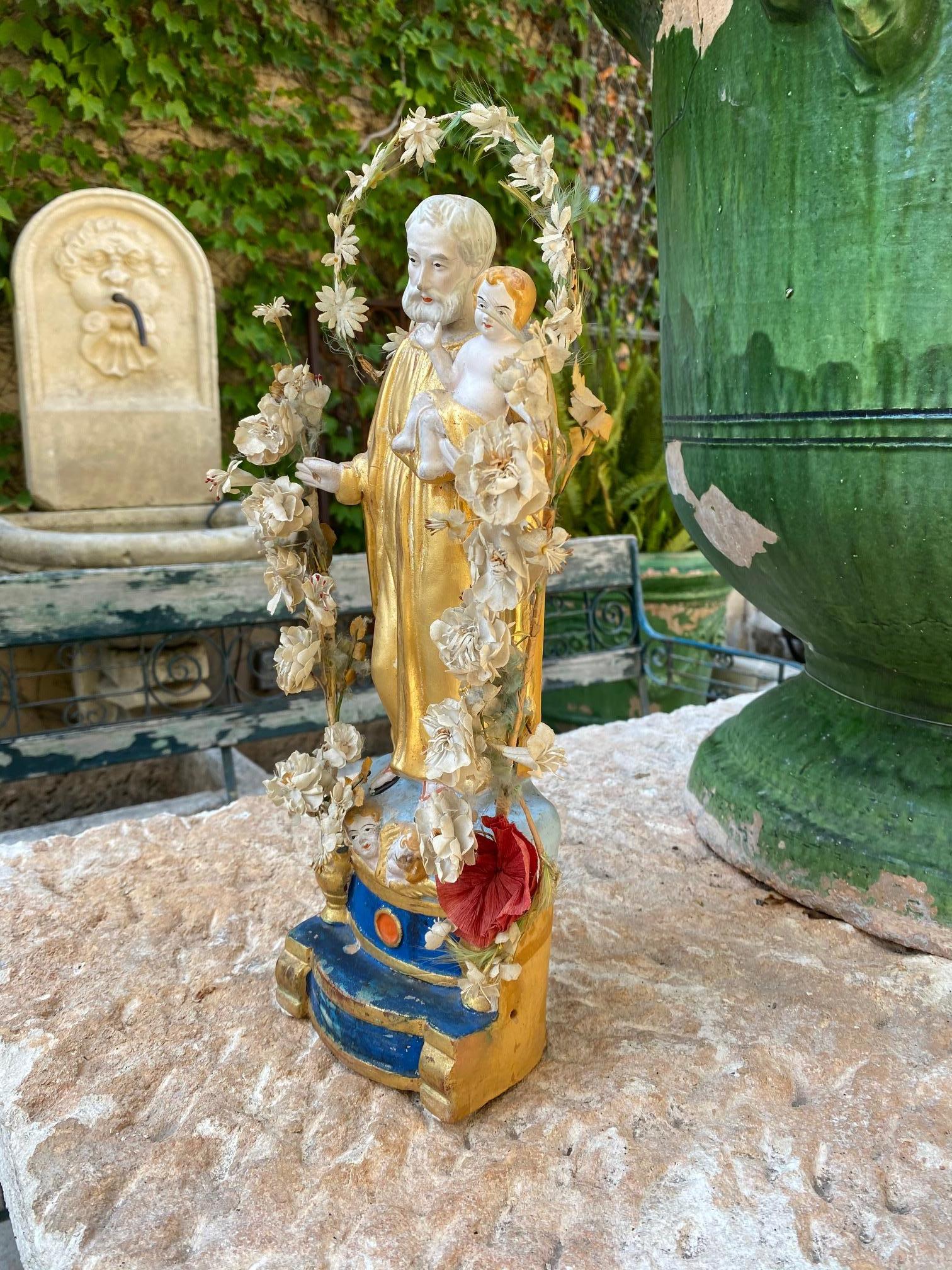 Clay Santos Handmade Statue Saint Joseph and Child Antiques, Los Angeles, CA, LA For Sale