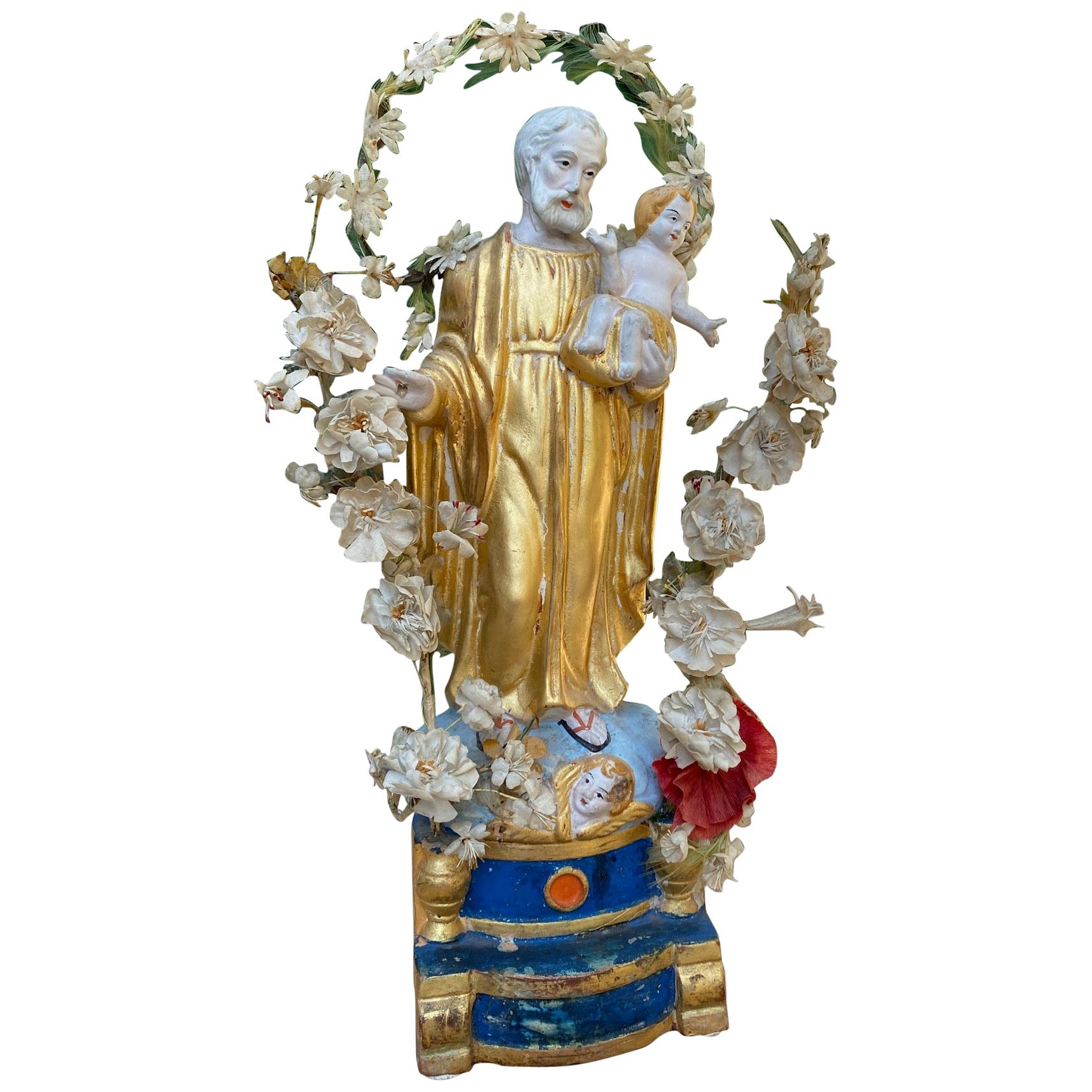 Santos Handmade Statue Saint Joseph and Child Antiques, Los Angeles, CA, LA For Sale