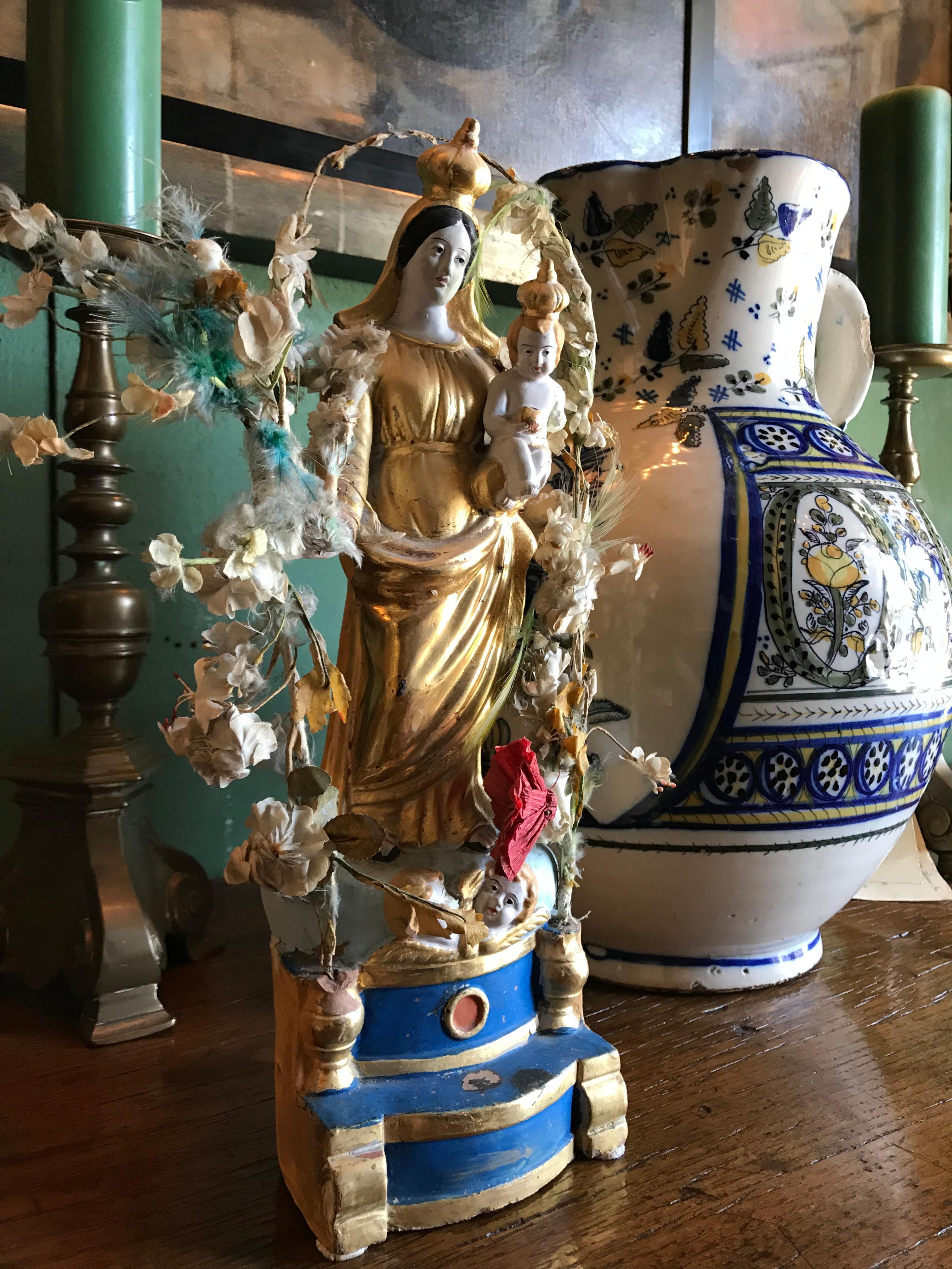 19. Jahrhundert Santos Handgefertigte Statue Jungfrau Maria und Kind, Antiquitäten Los Angeles CA LA im Angebot 6