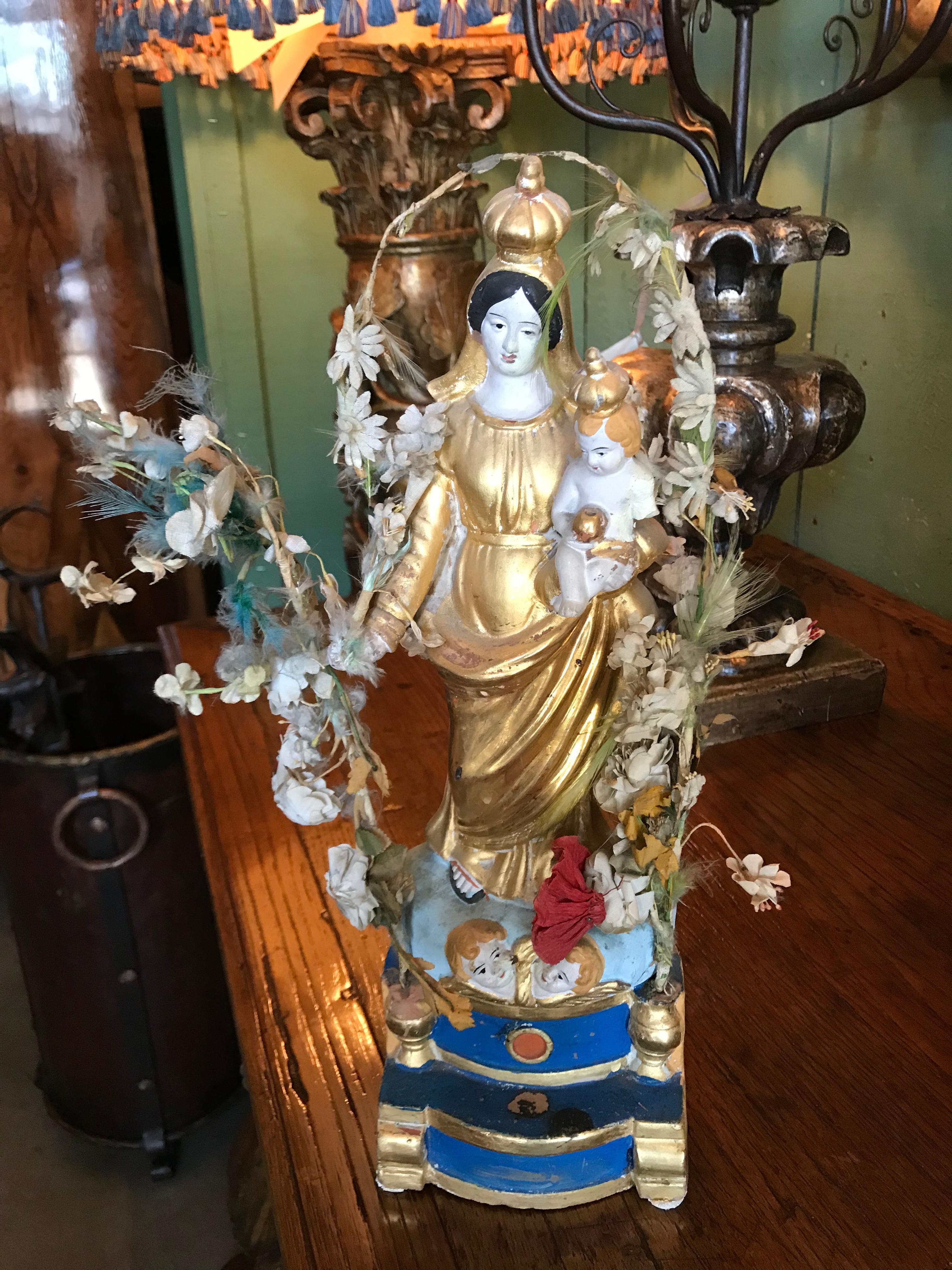 19. Jahrhundert Santos Handgefertigte Statue Jungfrau Maria und Kind, Antiquitäten Los Angeles CA LA im Angebot 7