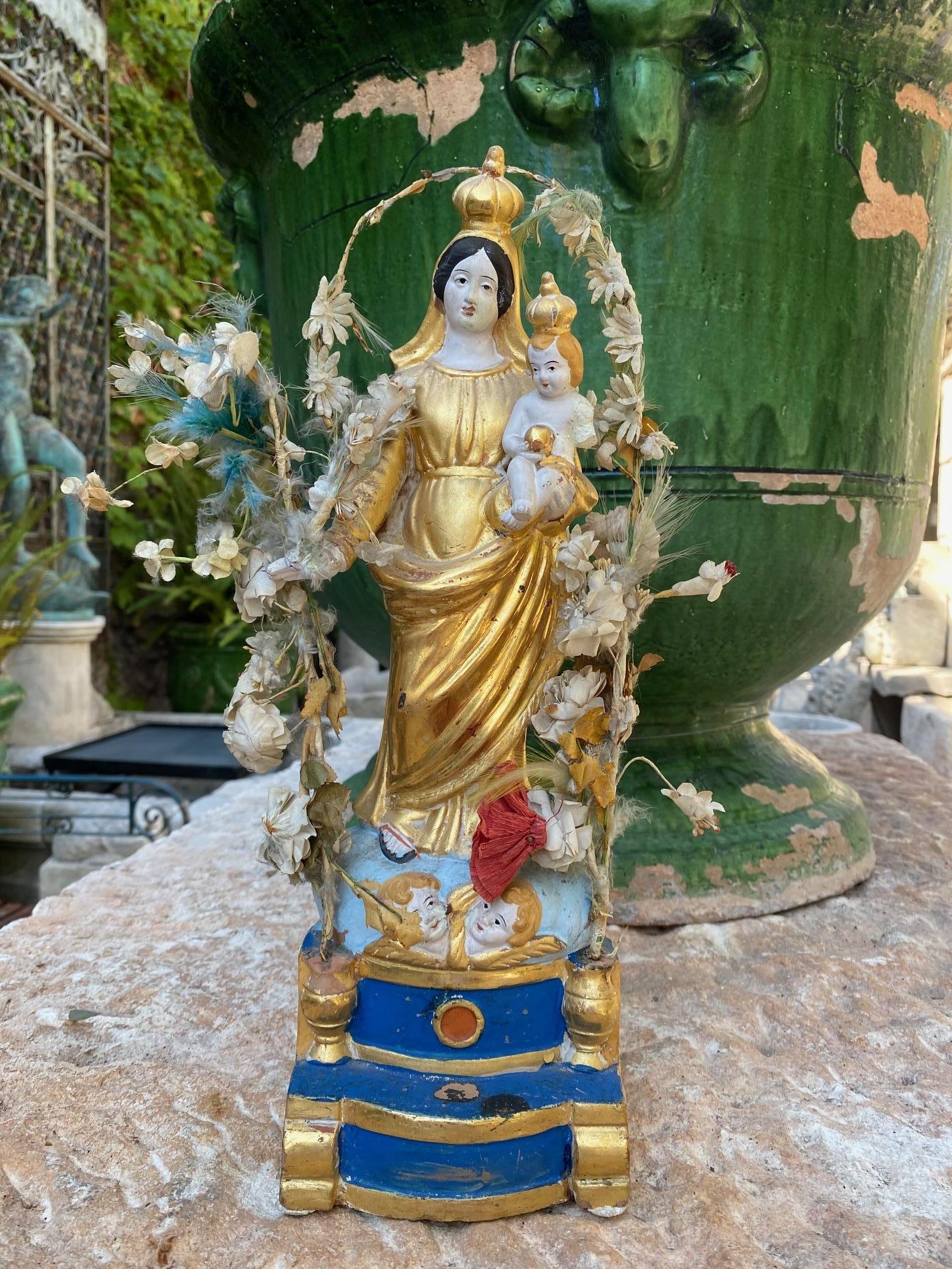 19. Jahrhundert Santos Handgefertigte Statue Jungfrau Maria und Kind, Antiquitäten Los Angeles CA LA  . Mitte des 19. Jahrhunderts Seltene Hand gemacht Terrakotta Ton 