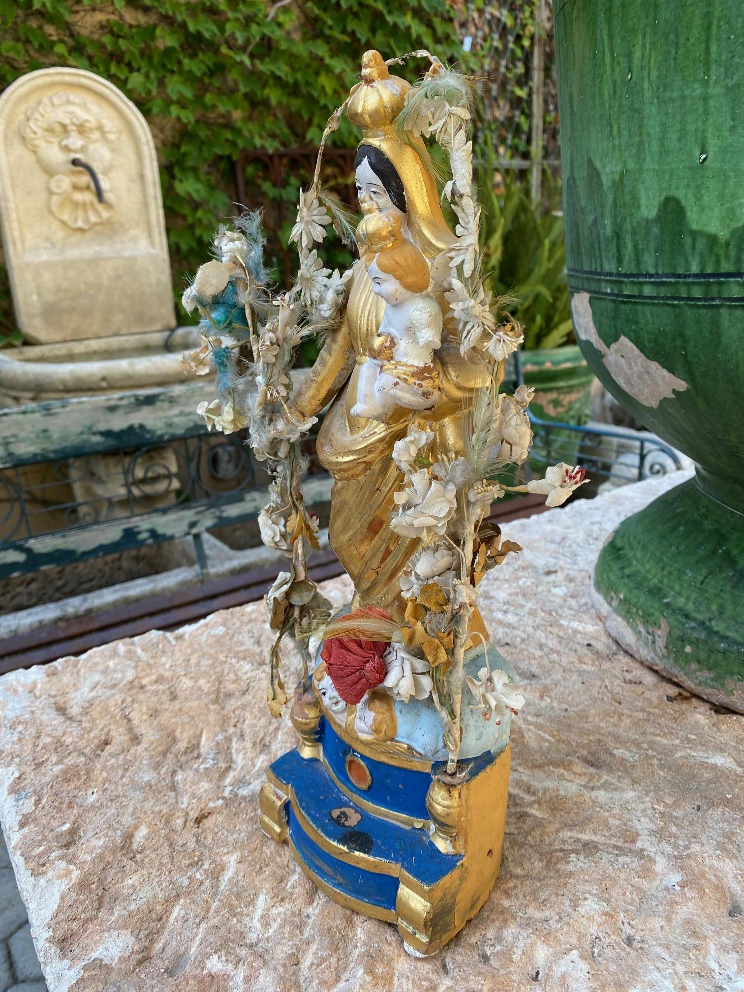 19. Jahrhundert Santos Handgefertigte Statue Jungfrau Maria und Kind, Antiquitäten Los Angeles CA LA (Französisch) im Angebot