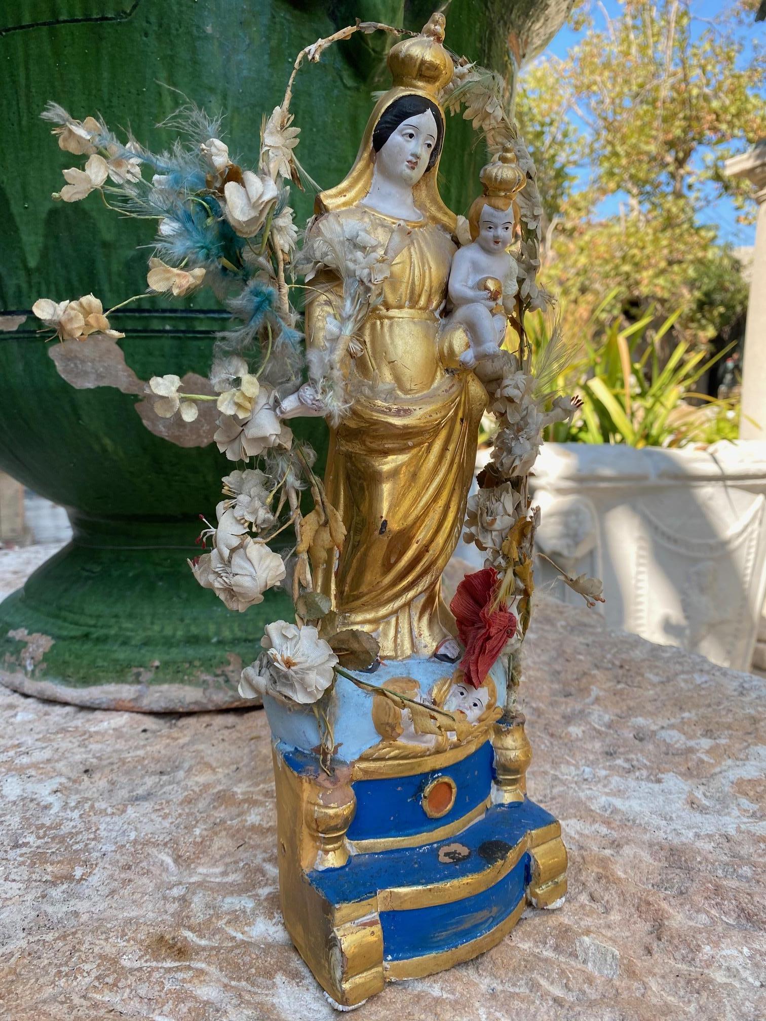 French 19th C. Santos Hand made statue Virgin Mary and child Antiques Los Angeles CA LA For Sale