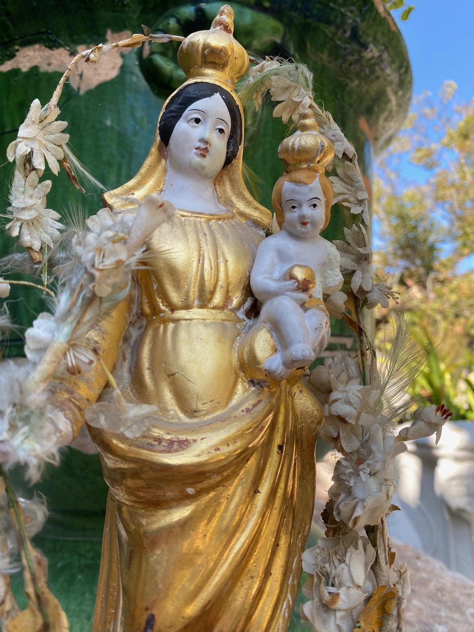 19. Jahrhundert Santos Handgefertigte Statue Jungfrau Maria und Kind, Antiquitäten Los Angeles CA LA im Angebot 2