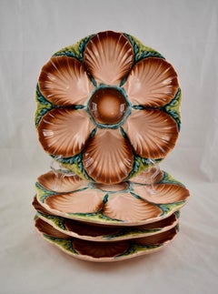 19th Century Sarreguemines Majolica Seaweed and Shell Barbotine Oyster Plate
