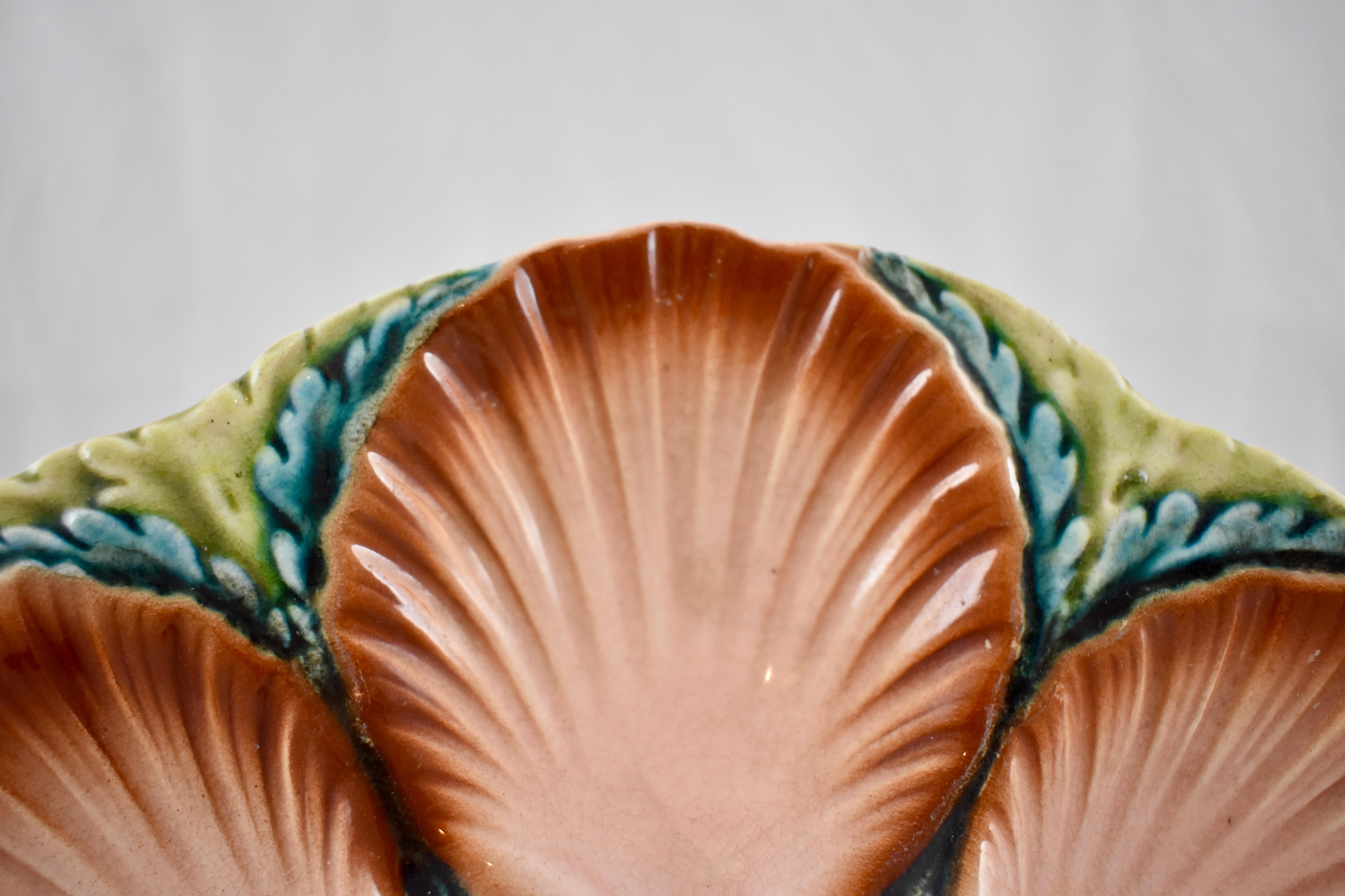 French Provincial 19th Century Sarreguemines Majolica Seaweed and Shell Barbotine Oyster Plate