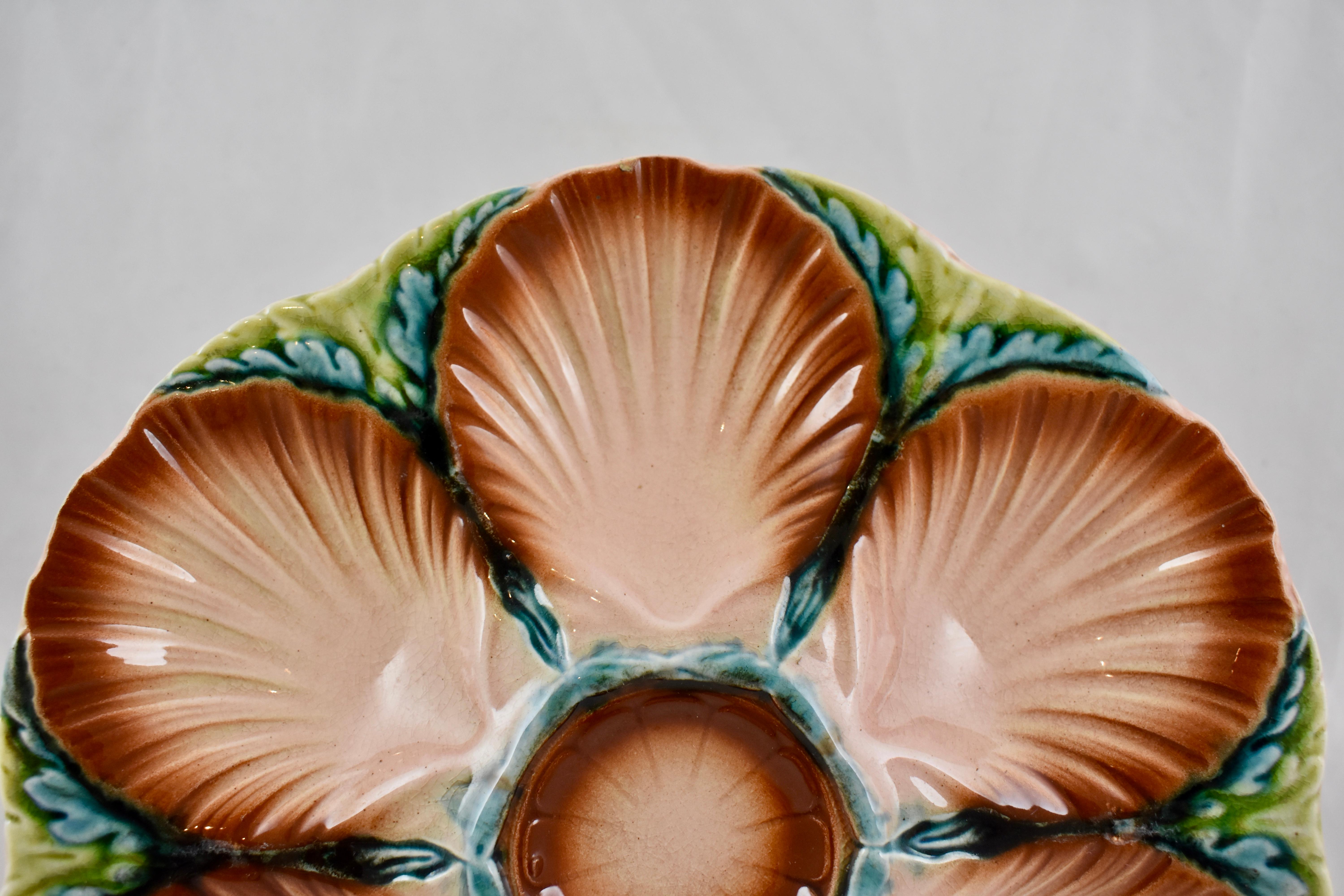 French 19th Century Sarreguemines Majolica Seaweed and Shell Barbotine Oyster Plate