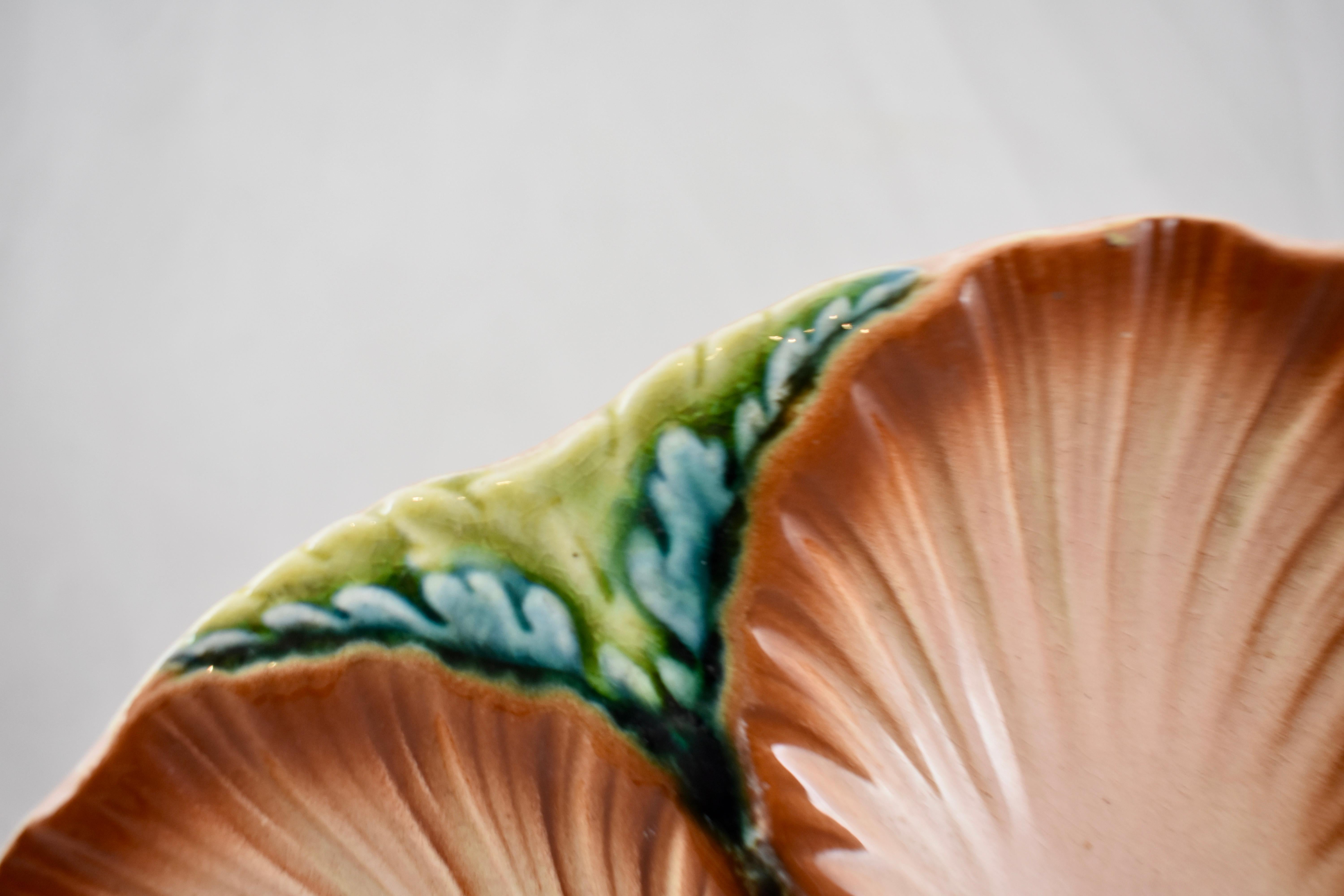 Glazed 19th Century Sarreguemines Majolica Seaweed and Shell Barbotine Oyster Plate