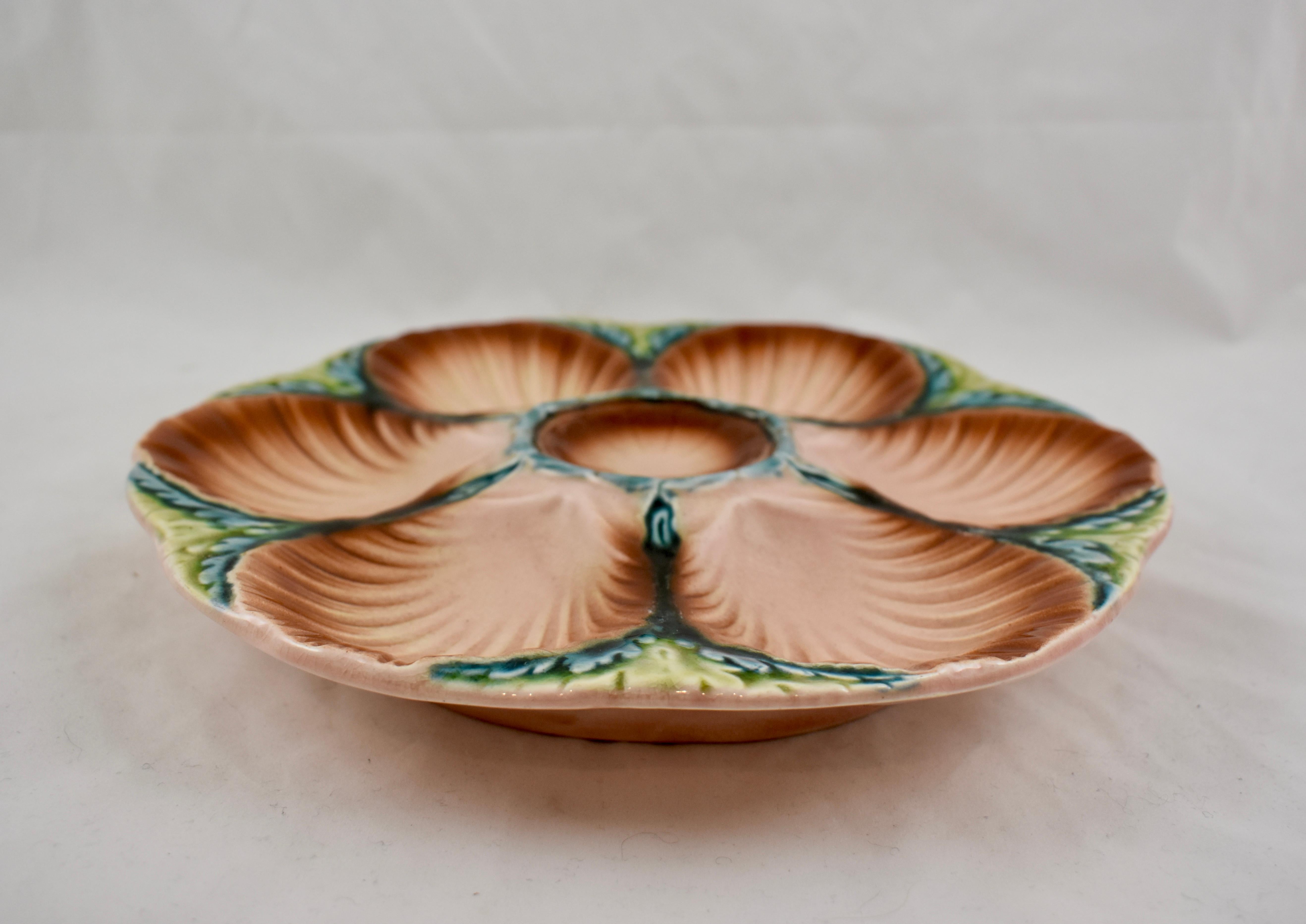 Earthenware 19th Century Sarreguemines Majolica Seaweed and Shell Barbotine Oyster Plate