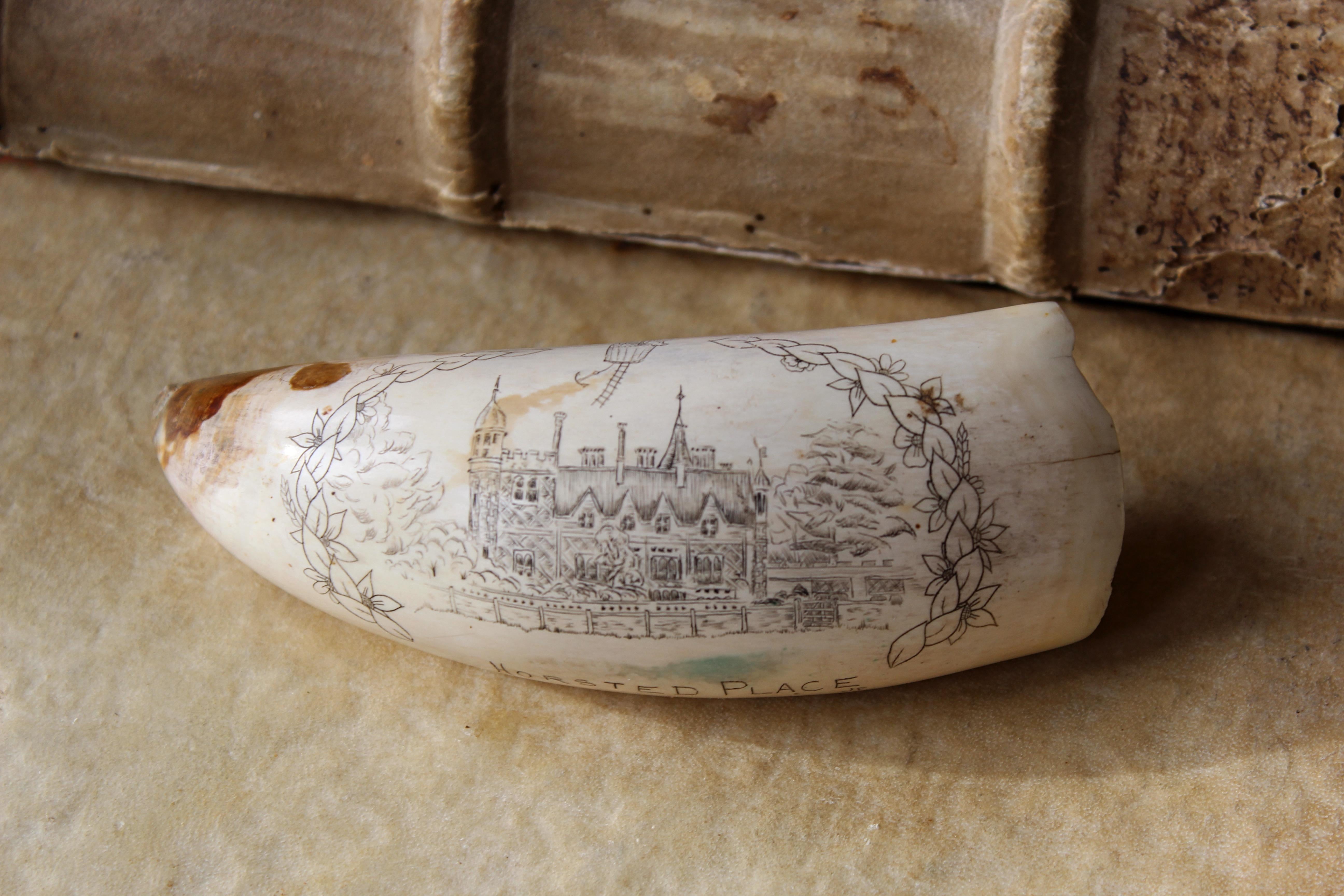 Scrimshaw Whales Tooth of Horsted Place East Sussex Hot Air Ballon & Schwein, 19. Jahrhundert im Zustand „Gut“ in Lowestoft, GB