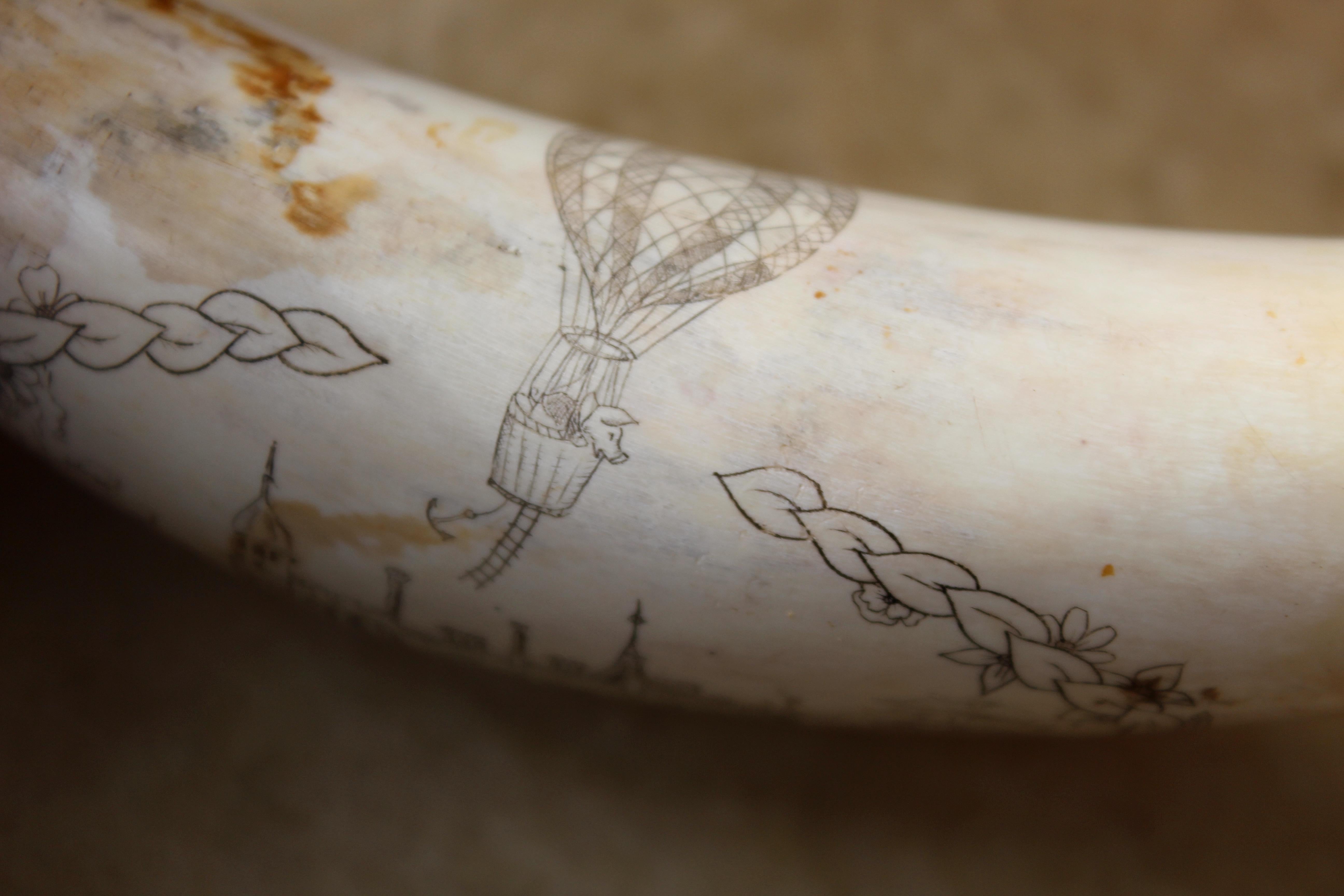 Scrimshaw Whales Tooth of Horsted Place East Sussex Hot Air Ballon & Schwein, 19. Jahrhundert (Naturfaser)